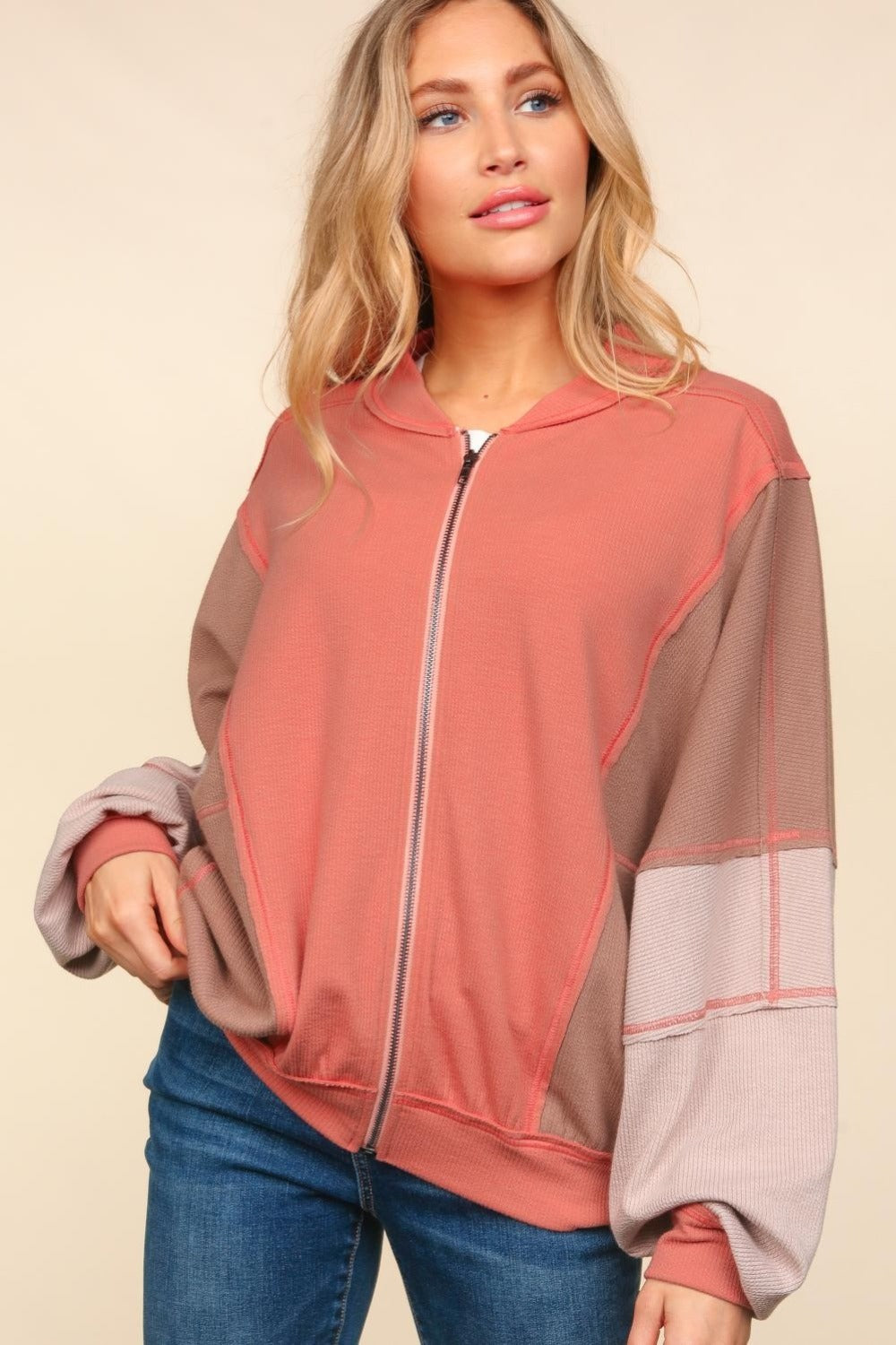 Haptics Zip Up Color Block Bomber Jacket with Side Pockets 13330 | Gulf Resellers