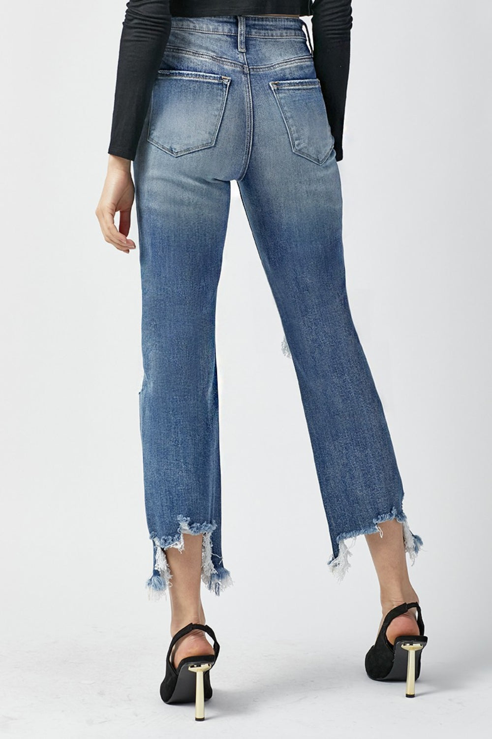 RISEN High Waist Distressed Frayed Hem Cropped Straight Jeans | Gulf Resellers