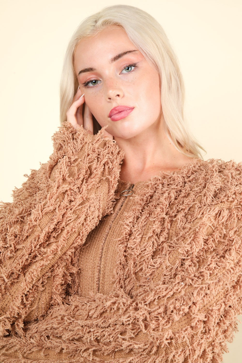VERY J Shaggy Yarn Knit Zip Up Jacket 13367 | Gulf Resellers