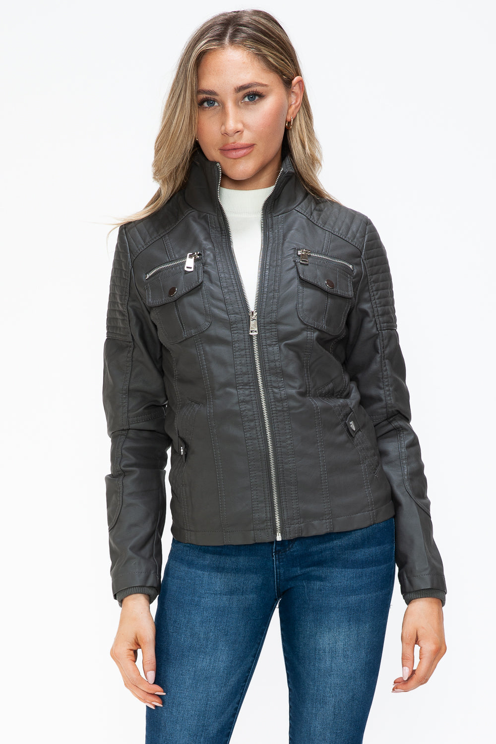 YMI Removable Faux Layered Multi-Pocket Jacket with Fuzzy Hood 15252 | Gulf Resellers