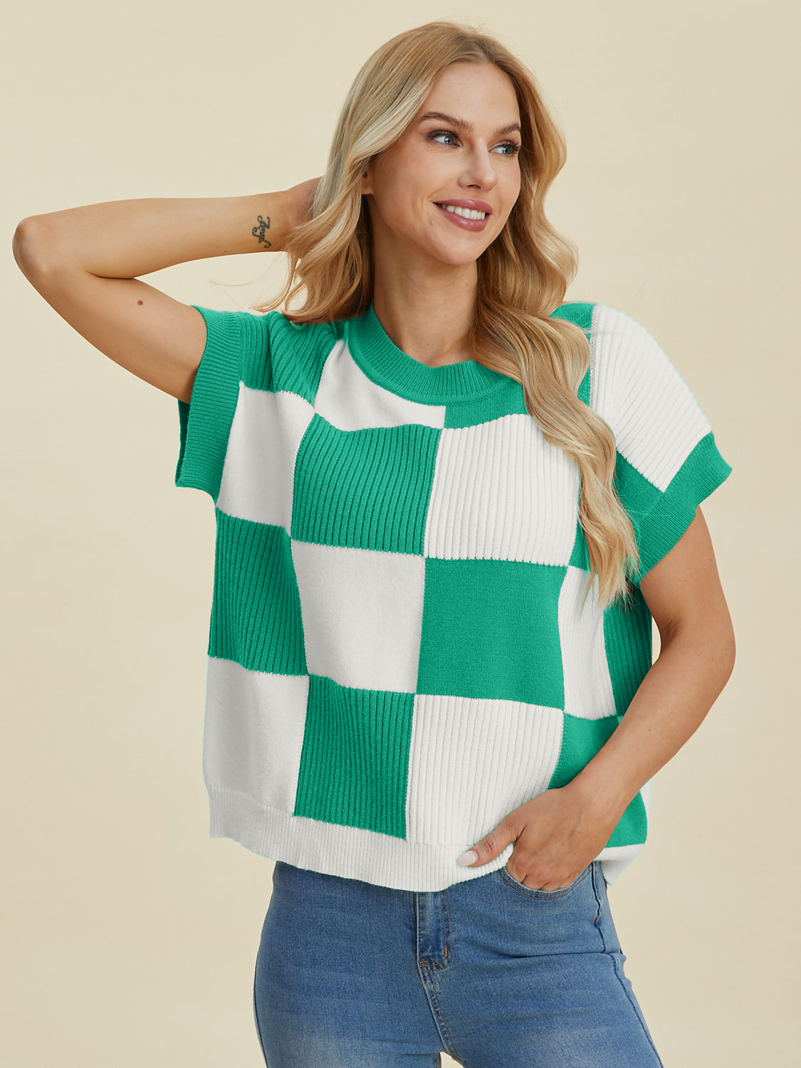 Double Take Full Size Checkered Round Neck Short Sleeve Sweater 8748 | Gulf Resellers