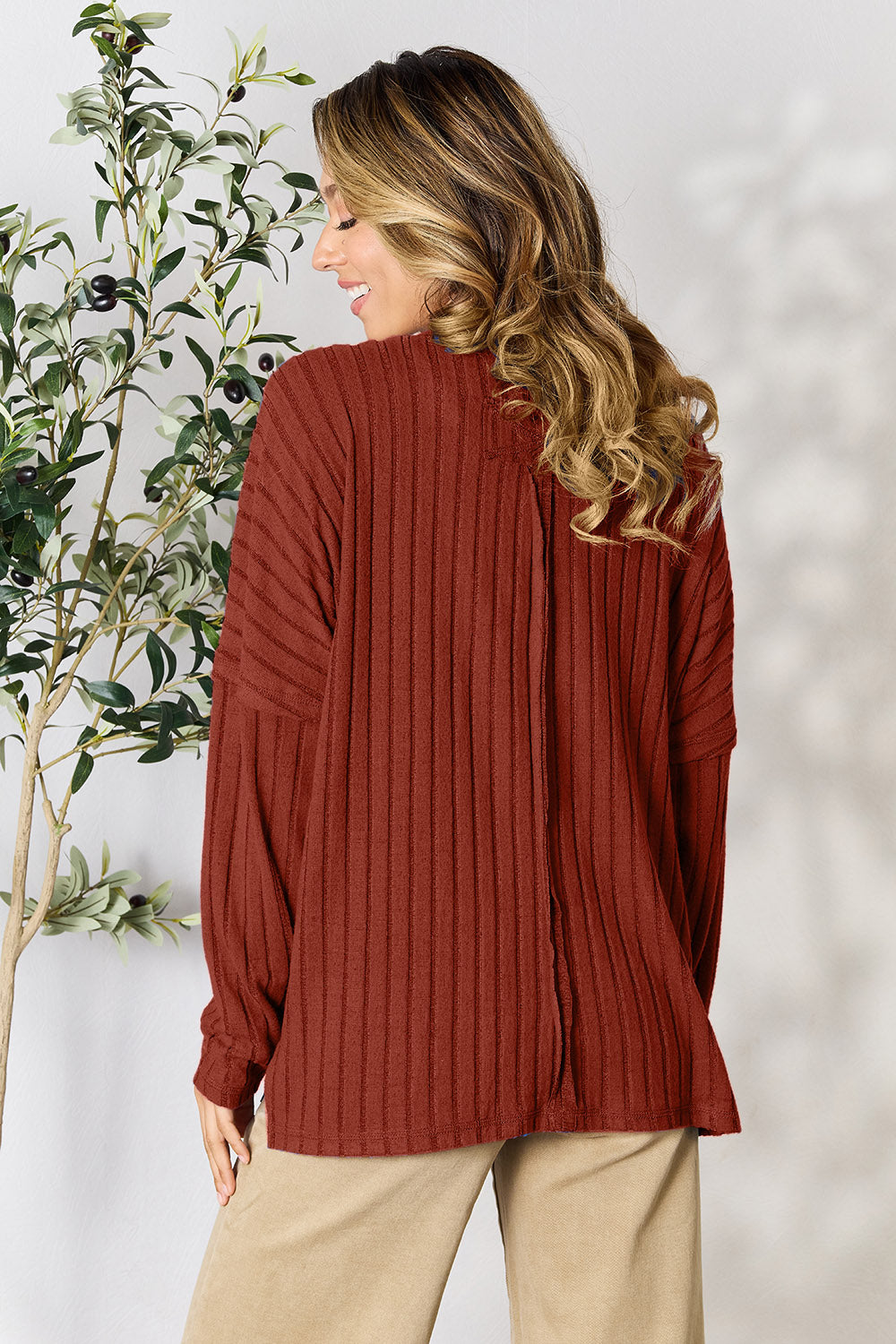 Basic Bae Full Size Ribbed Round Neck Slit Knit Top | Gulf Resellers
