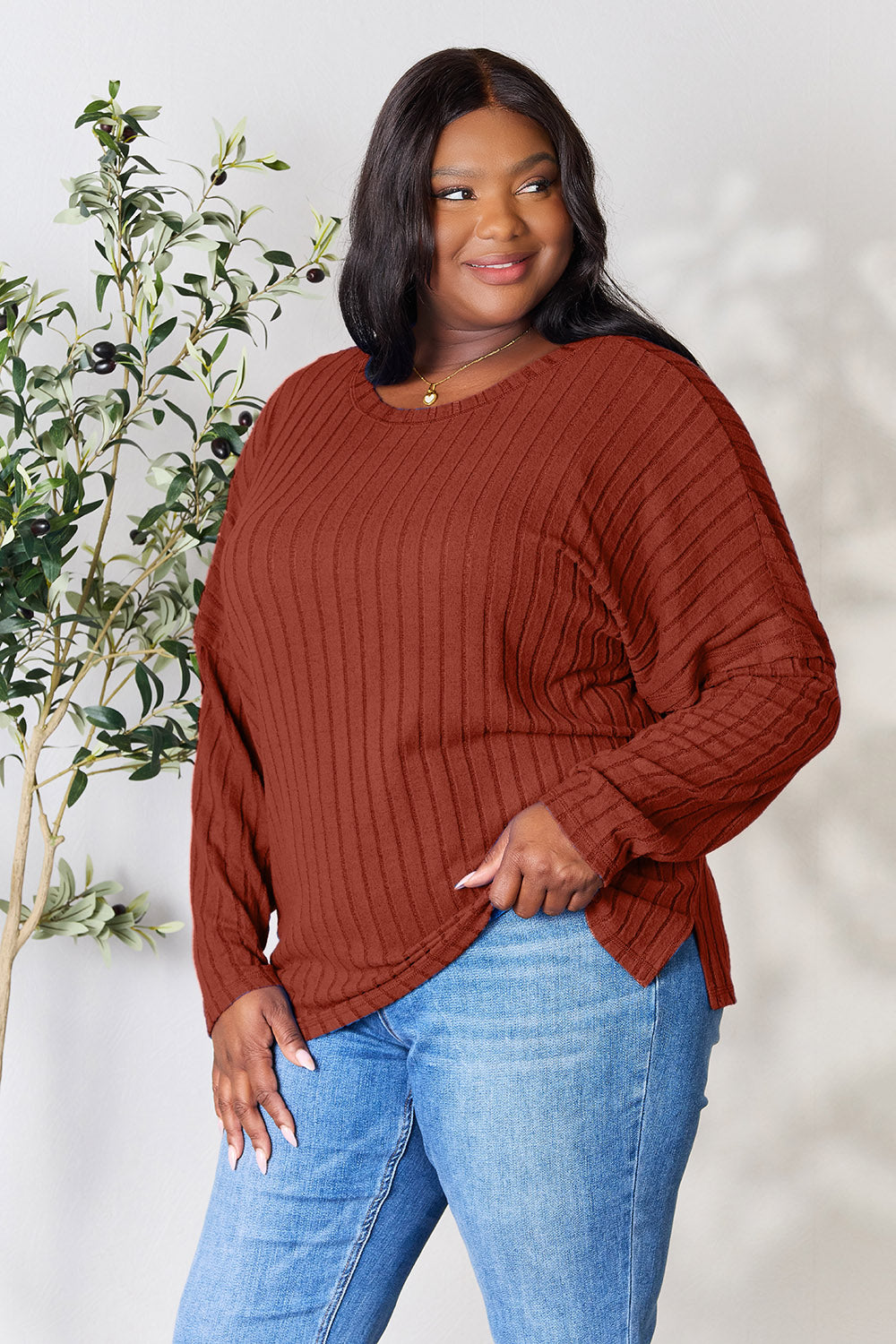 Basic Bae Full Size Ribbed Round Neck Slit Knit Top | Gulf Resellers