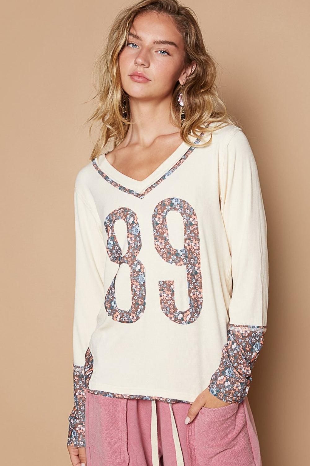 POL V-Neck Long Sleeve Floral Number Patch T-Shirt 19847 | Gulf Resellers