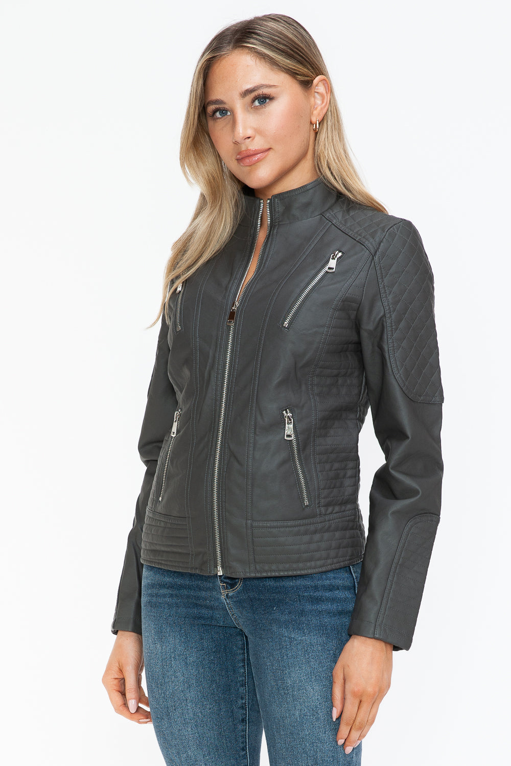 Snobbish Faux Leather Zip Up Mock Neck Jacket 15222 | Gulf Resellers