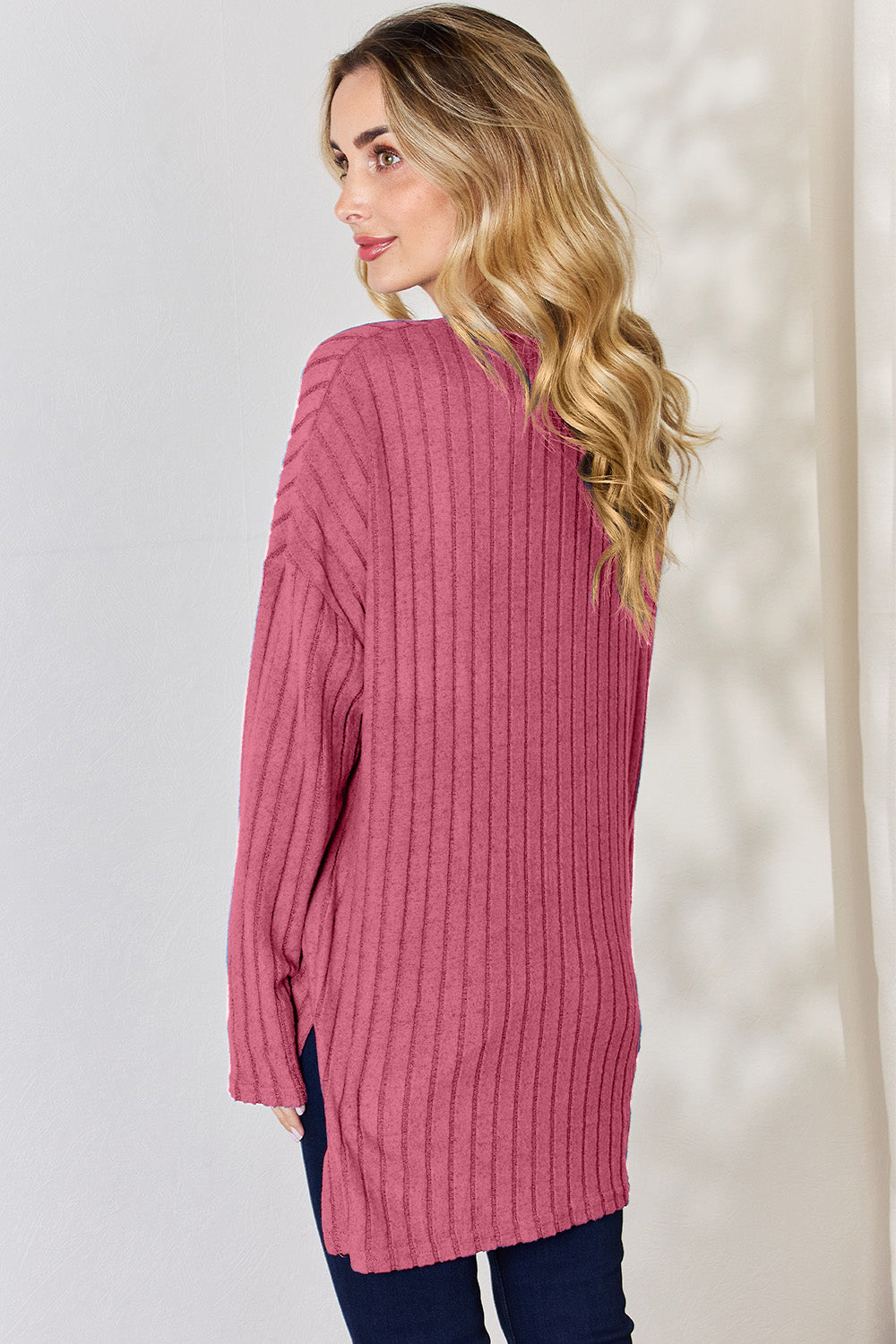 Basic Bae Full Size Ribbed Half Button Long Sleeve High-Low T-Shirt | Gulf Resellers