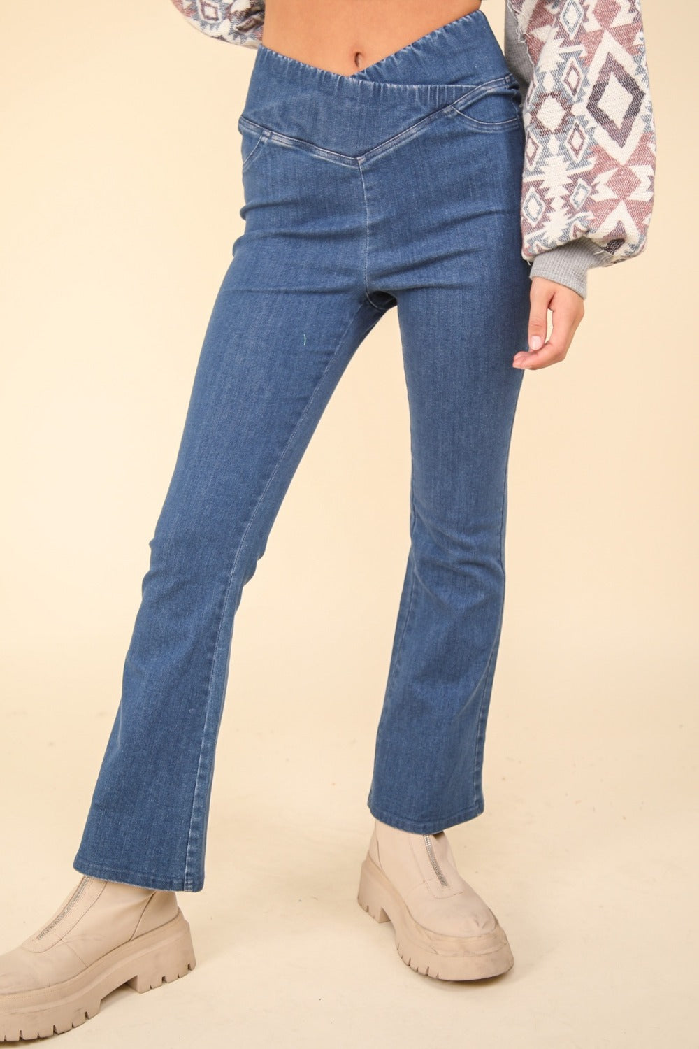 VERY J Washed Denim Stretchy Crossover Waist Leggings 10467 | Gulf Resellers