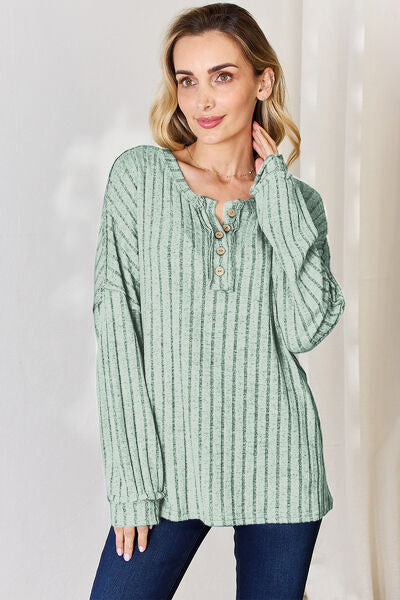 Basic Bae Full Size Ribbed Half Button Long Sleeve T-Shirt | Gulf Resellers