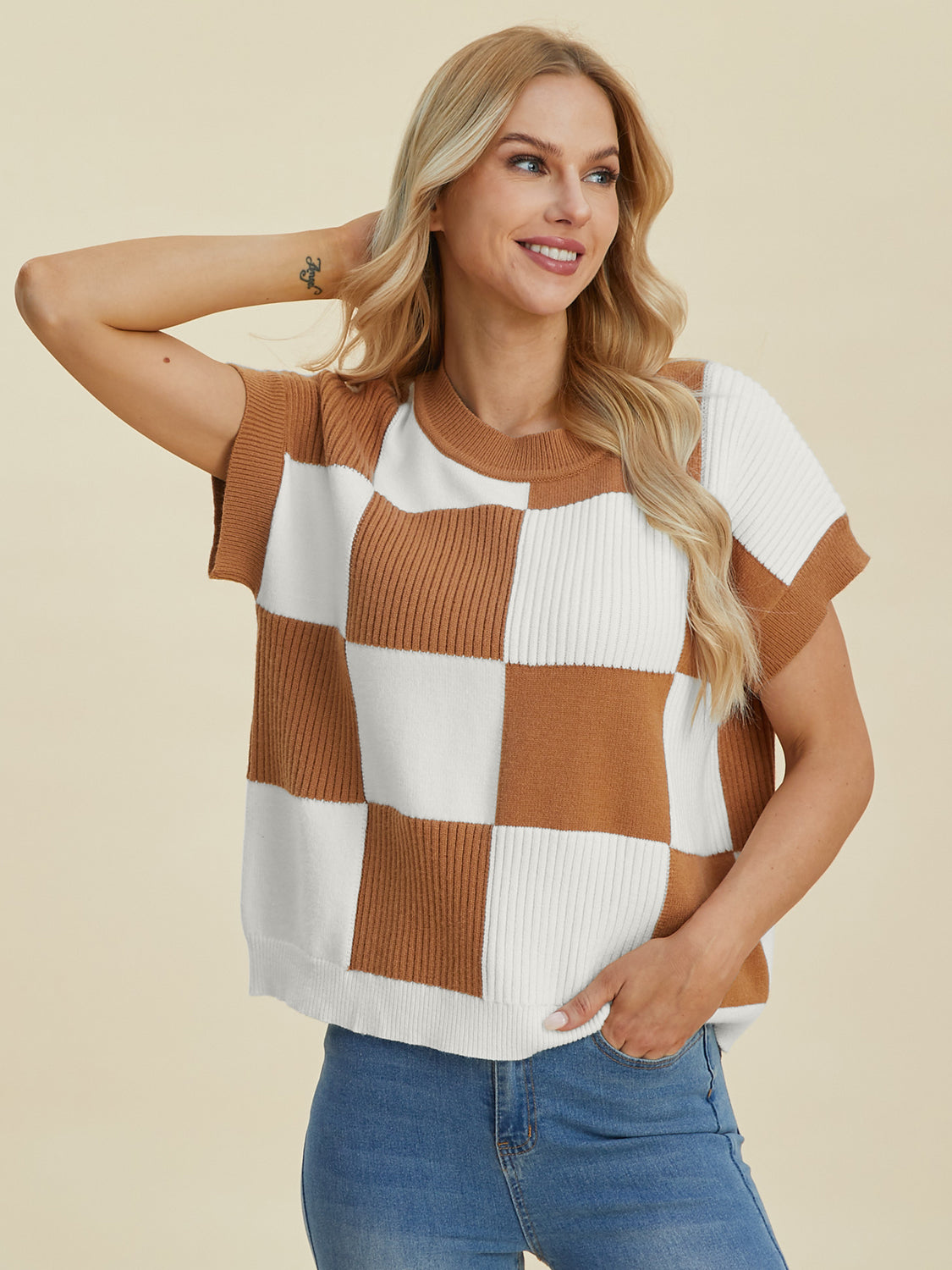 Double Take Full Size Checkered Round Neck Short Sleeve Sweater 8742 | Gulf Resellers