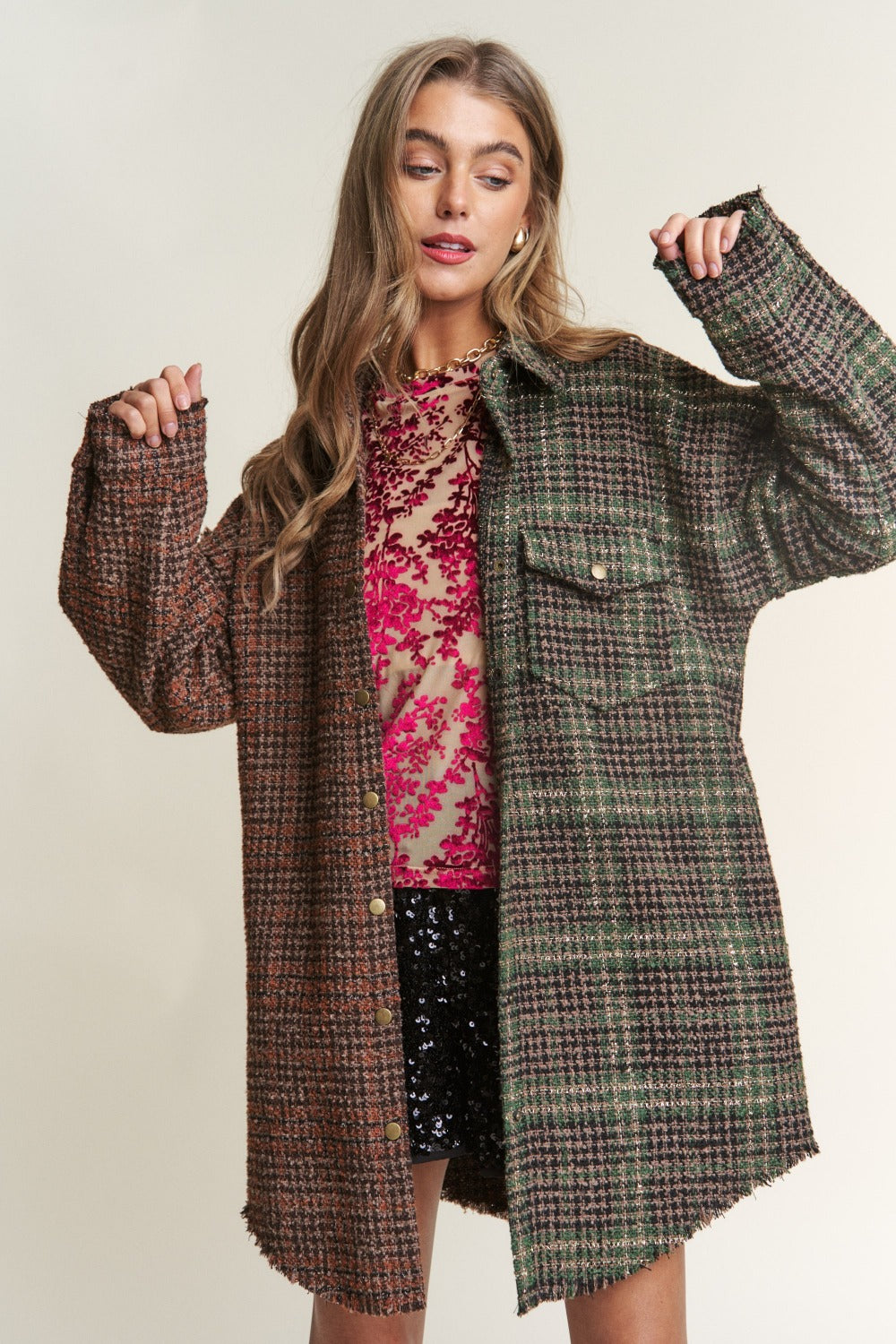 J.NNA Snap Down Tweed Plaid Contrast Longline Shacket 13042 | Gulf Resellers