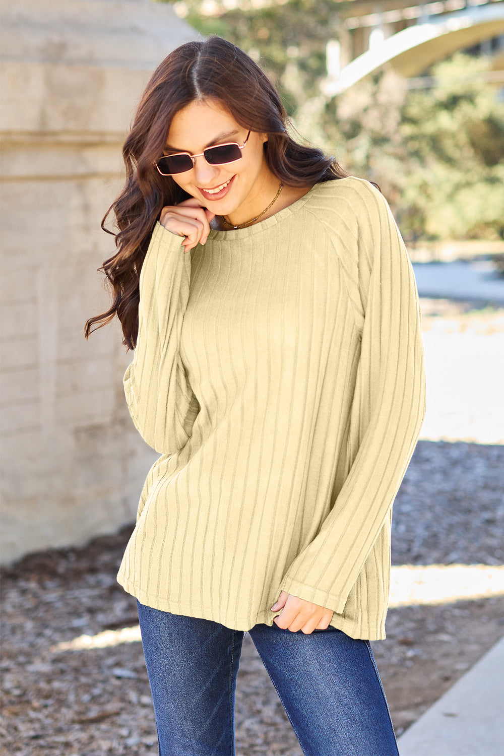 Basic Bae Full Size Ribbed Round Neck Long Sleeve Knit Top | Gulf Resellers