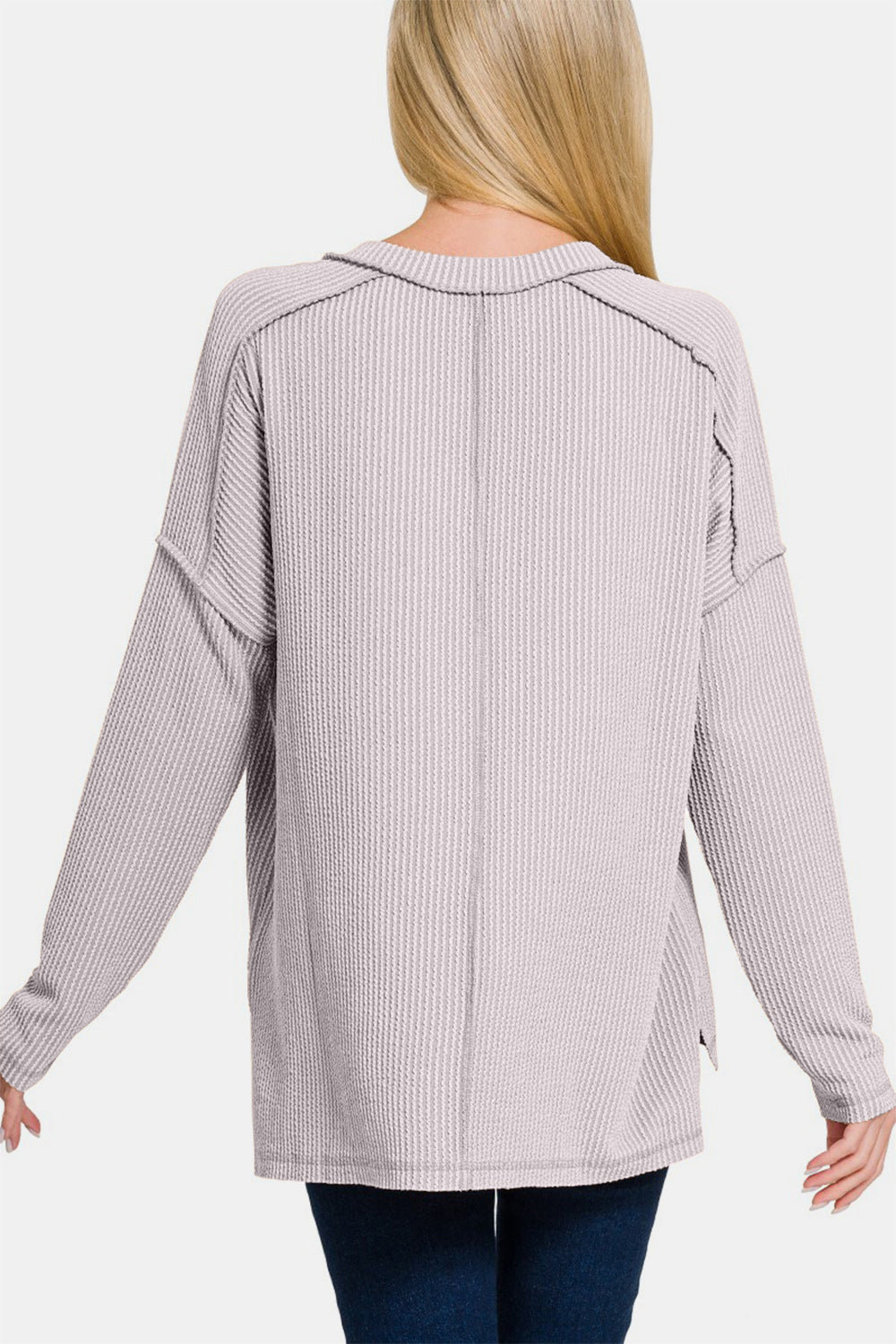 Zenana Texture Exposed Seam V-Neck Long Sleeve T-Shirt 18374 | Gulf Resellers