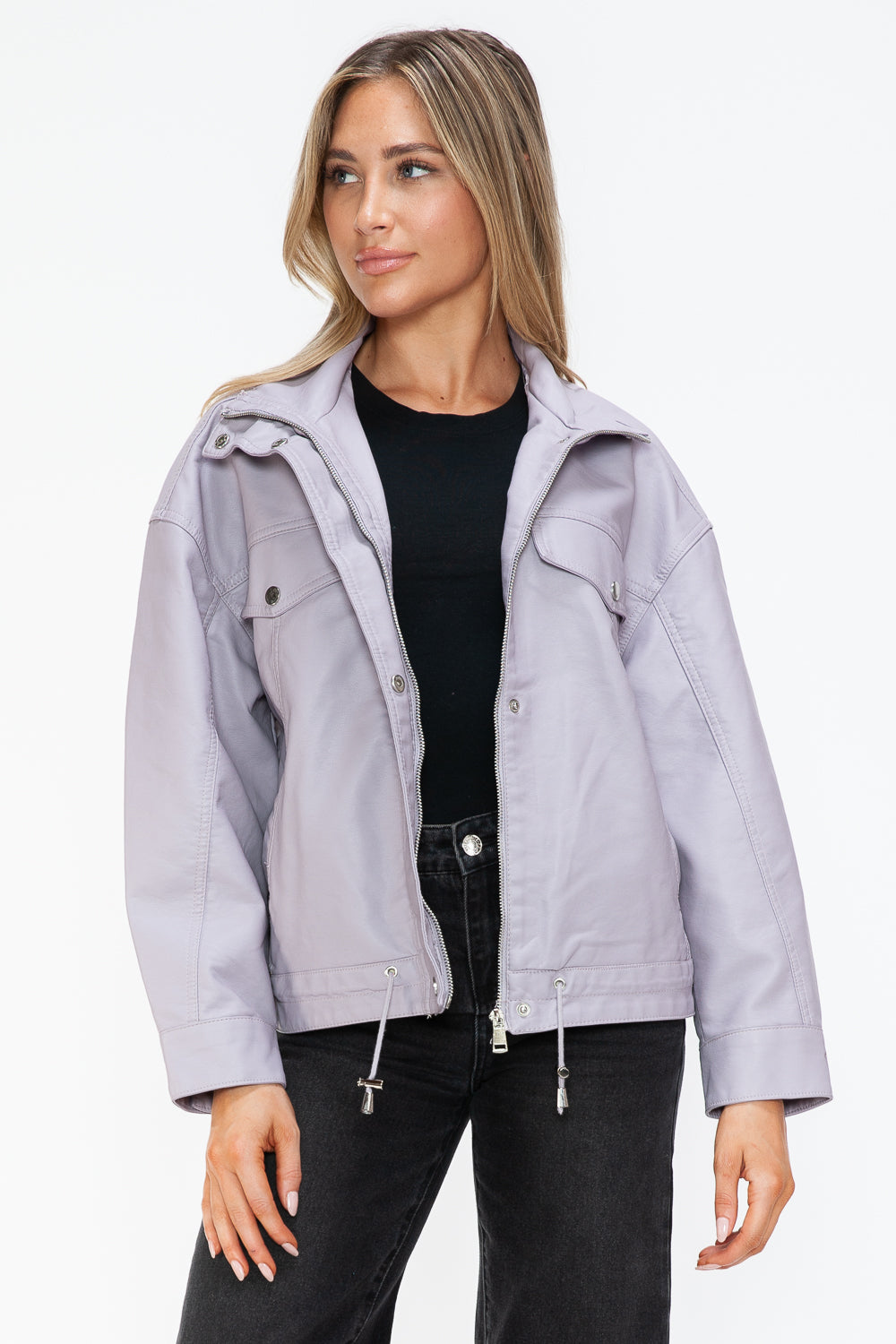 How Dare U Drawstring Hem PU Leather Zip Up Jacket 15449 | Gulf Resellers