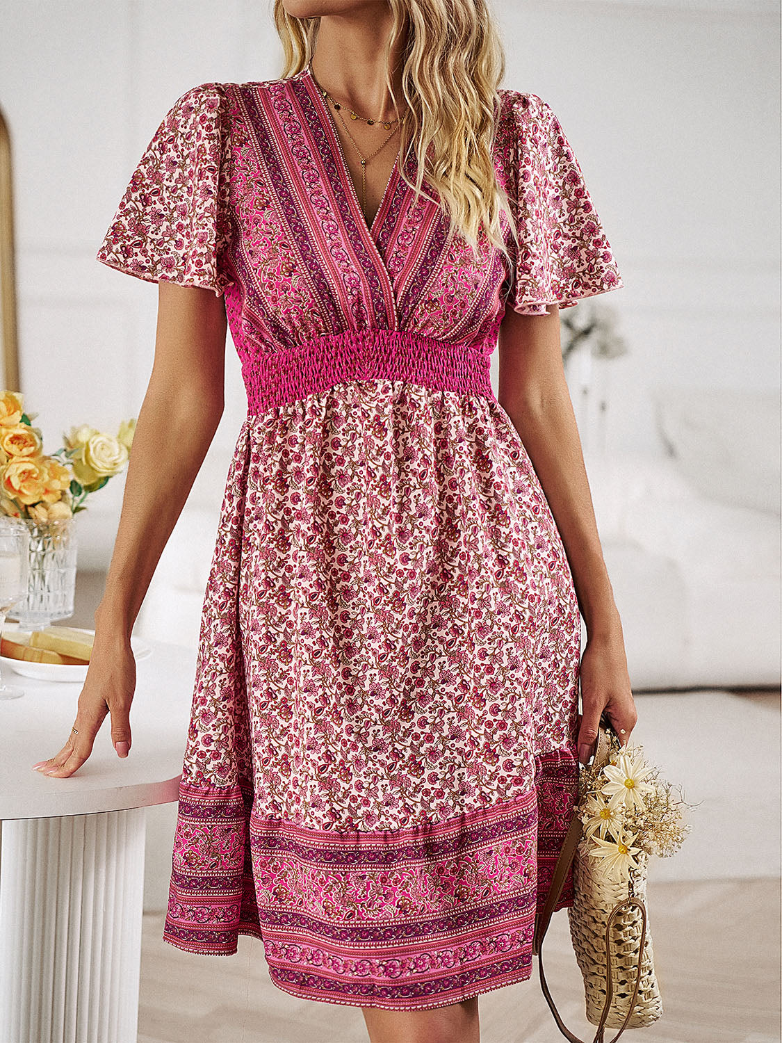 Devine Floral Smocked Waist Short Sleeve Mini Dress 9590 | Gulf Resellers