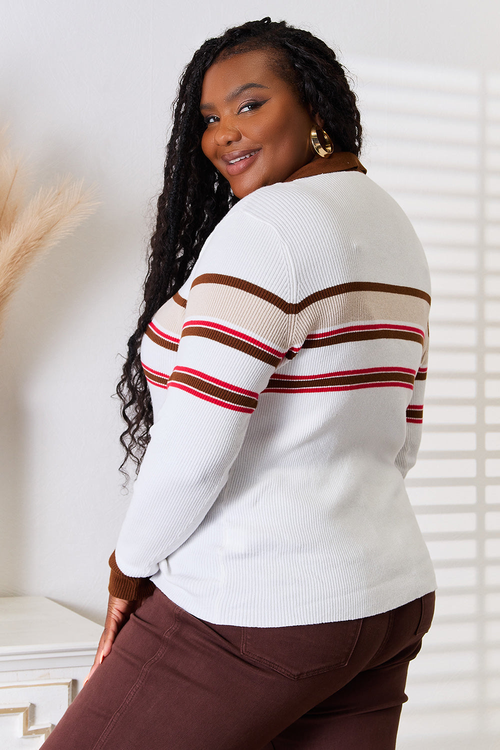 Basic Bae Striped Collared Neck Rib-Knit Top | Gulf Resellers