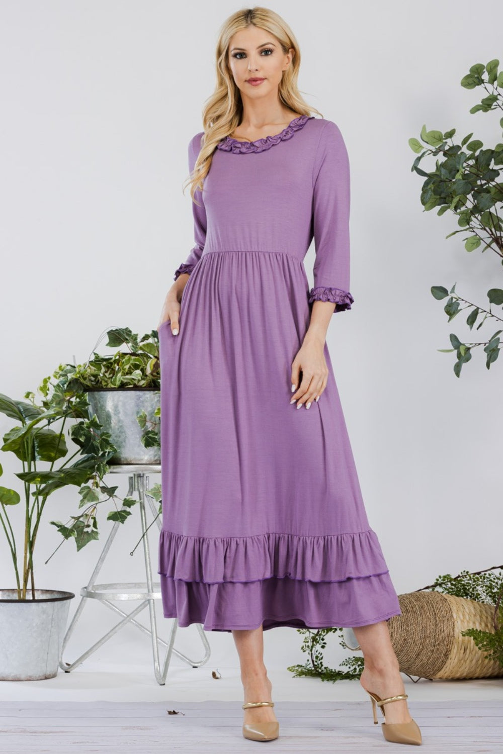 Celeste Full Size Layered Ruffle Hem Dress with Pockets 9461 | Gulf Resellers