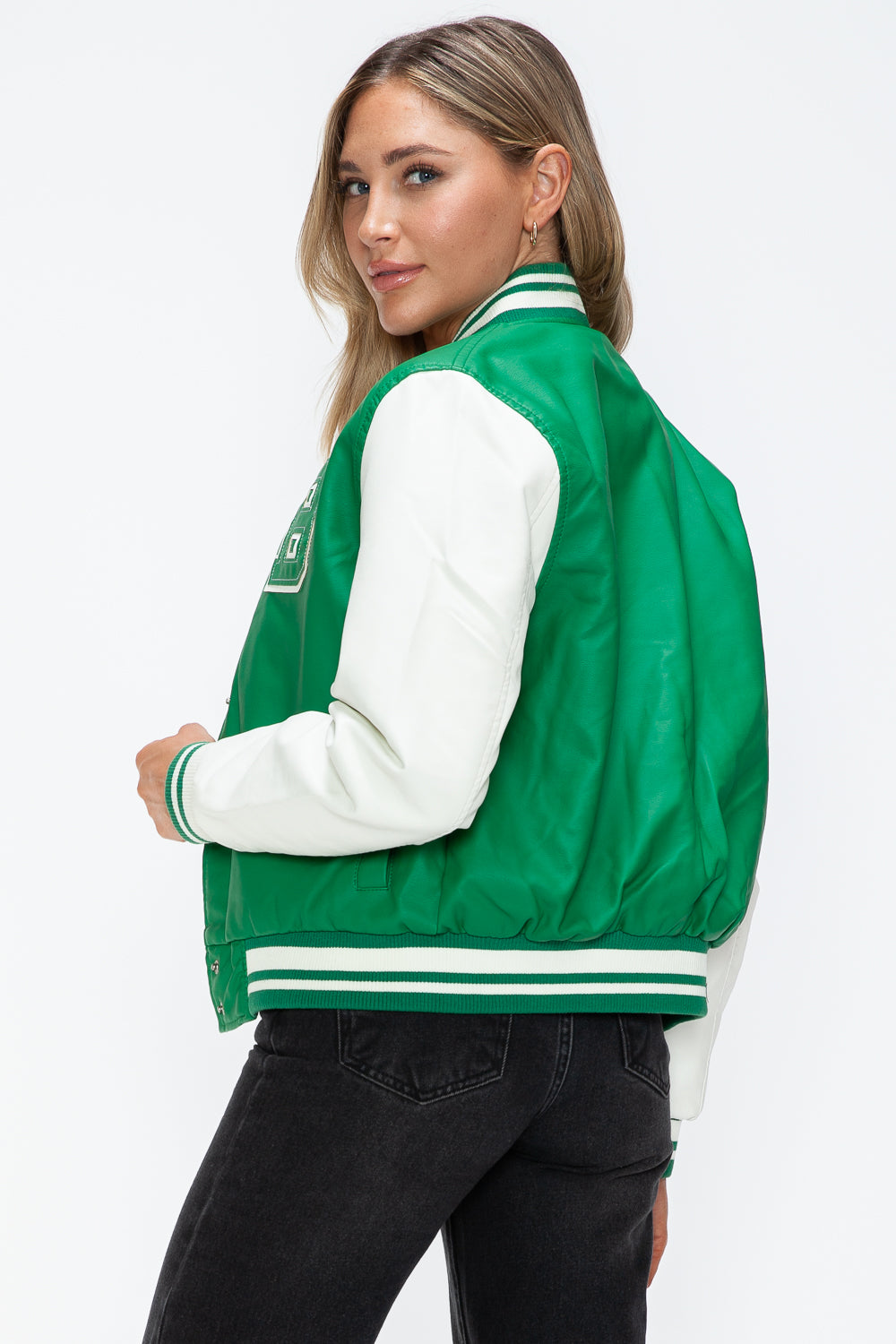 Love Me Now PU Leather Contrast Snap Down Bomber Jacket 15771 | Gulf Resellers
