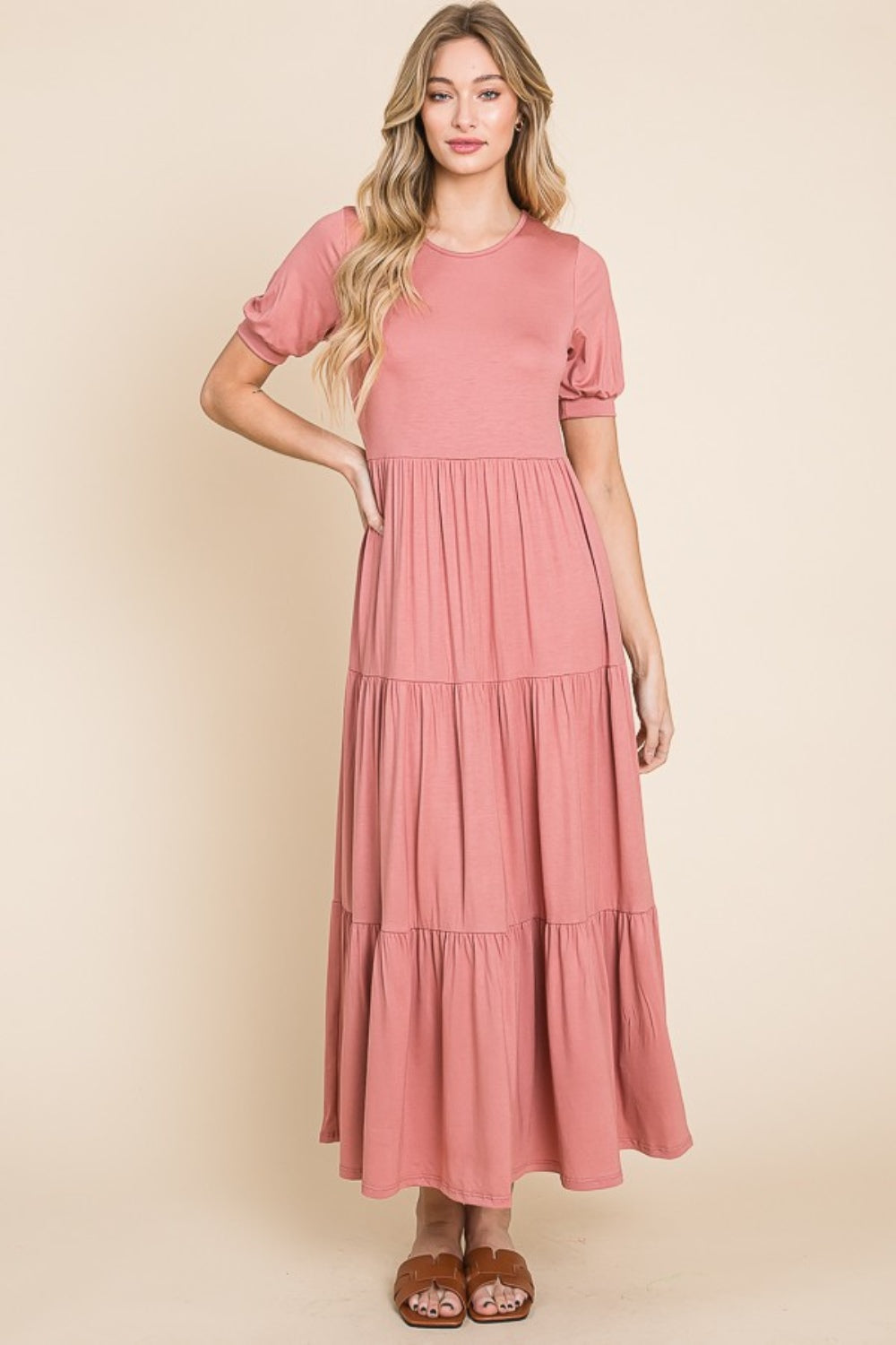 BOMBOM Short Sleeve Tiered Maxi Dress 9631 | Gulf Resellers