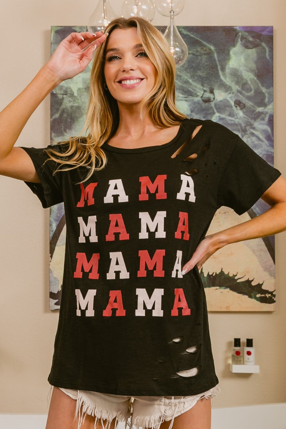 BiBi MAMA Graphic Distressed Short Sleeve T-Shirt 7587 | Gulf Resellers