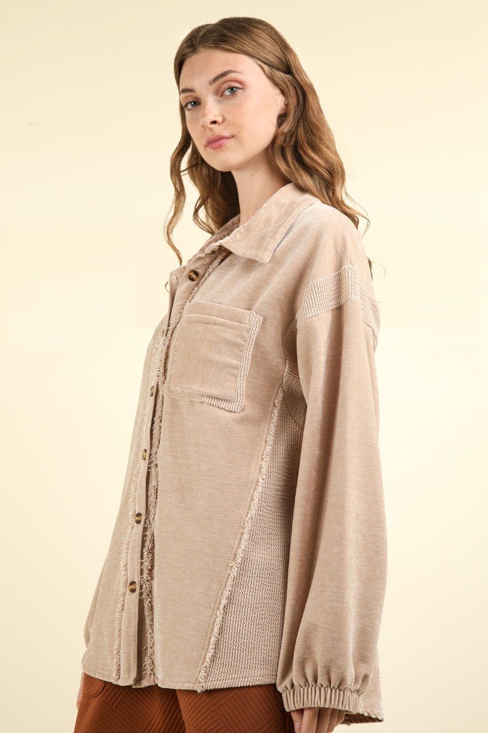 VERY J Mixed Media Button Down Raw Hem Shacket 12516 | Gulf Resellers