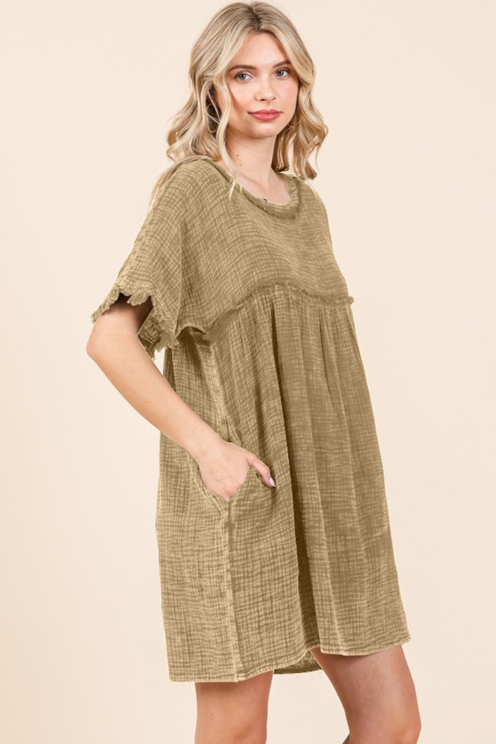 Culture Code Full Size Short Sleeve Babydoll Texture Dress with Pockets 9494 | Gulf Resellers