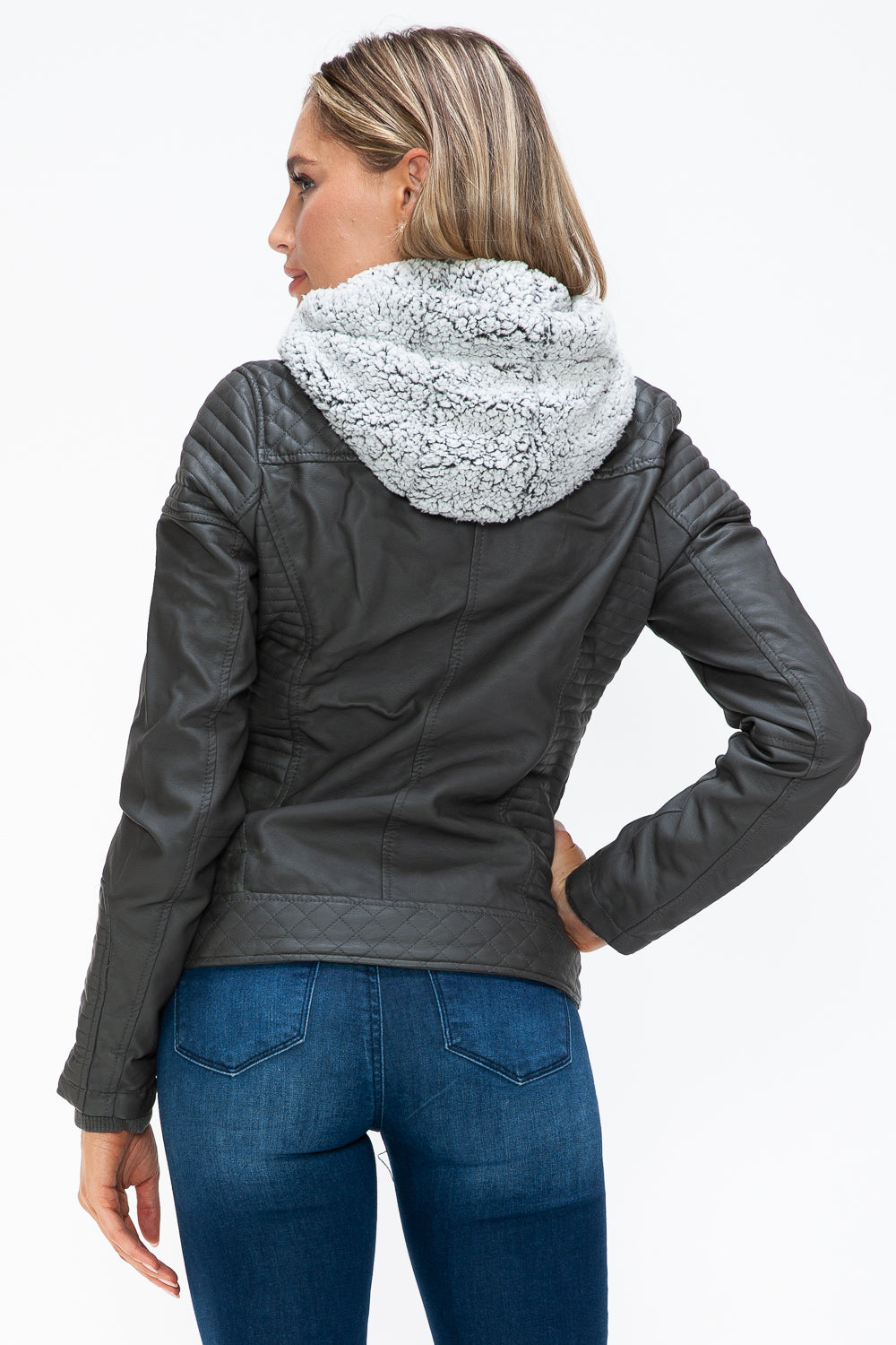 YMI Faux Layered Double-Zipper Jacket with Fuzzy Hood 15377 | Gulf Resellers