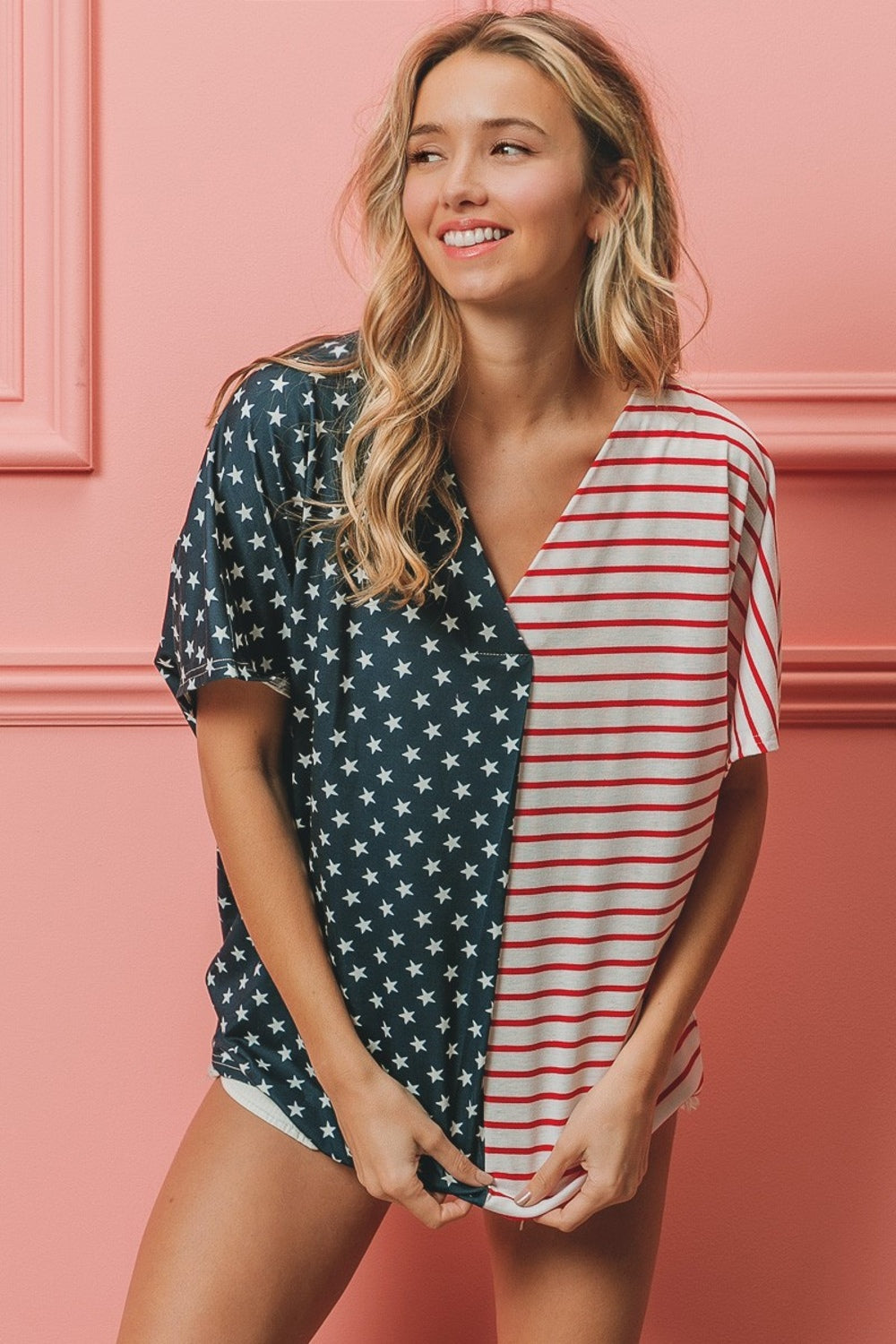 BiBi US Flag Themed Color Block Short Sleeve T-Shirt 7927 | Gulf Resellers