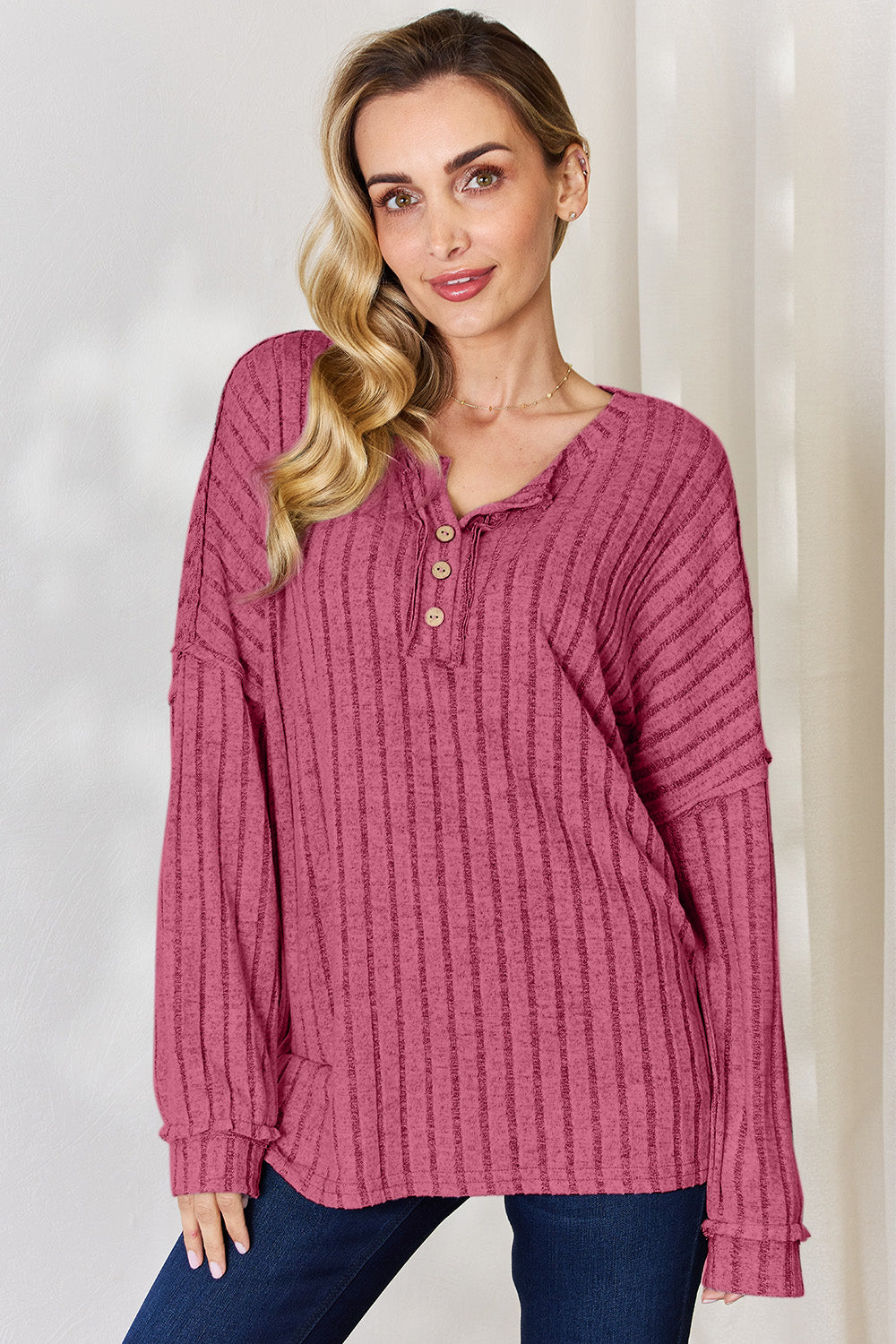 Basic Bae Full Size Ribbed Half Button Long Sleeve T-Shirt | Gulf Resellers