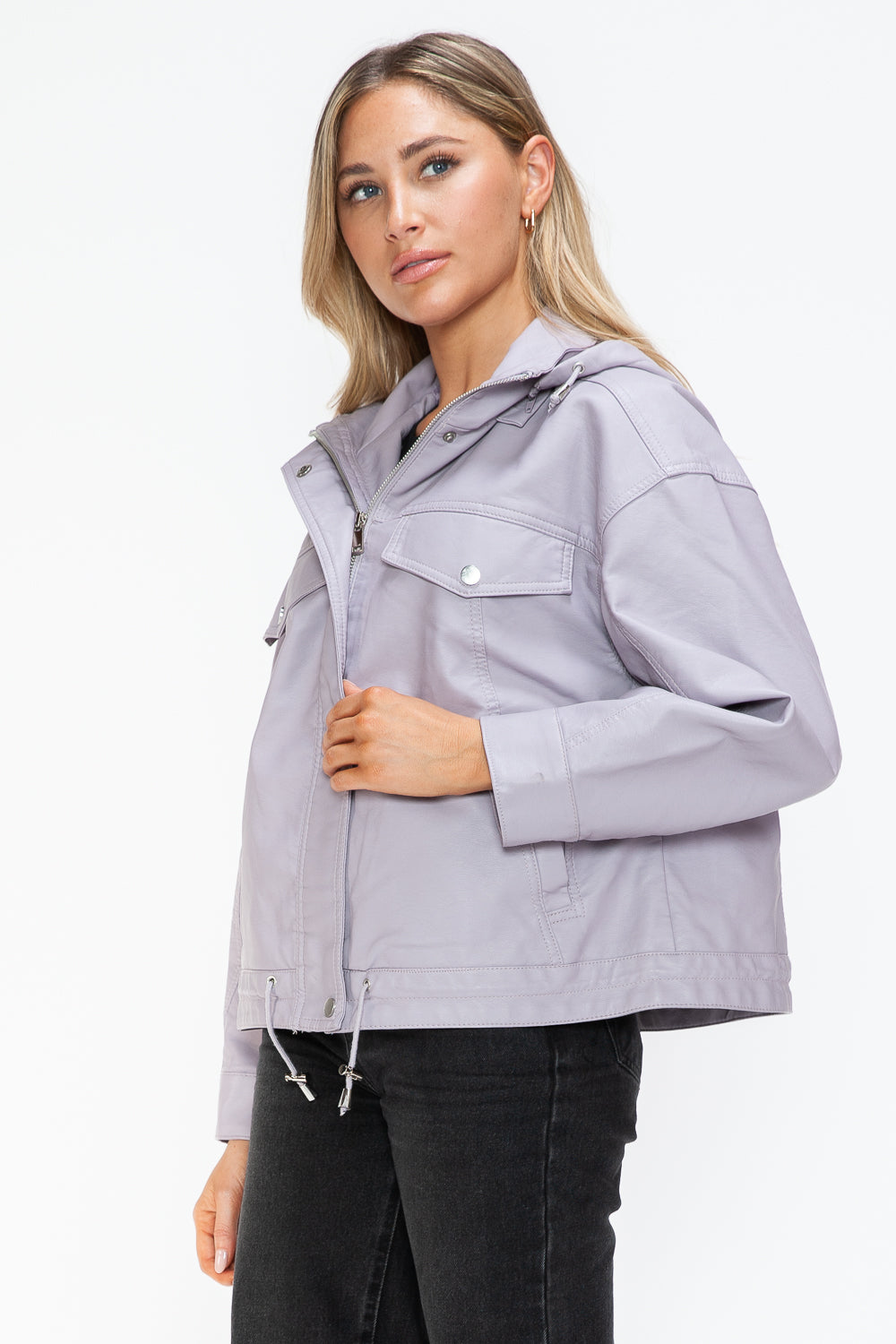 How Dare U Drawstring Hem PU Leather Zip Up Jacket 15439 | Gulf Resellers