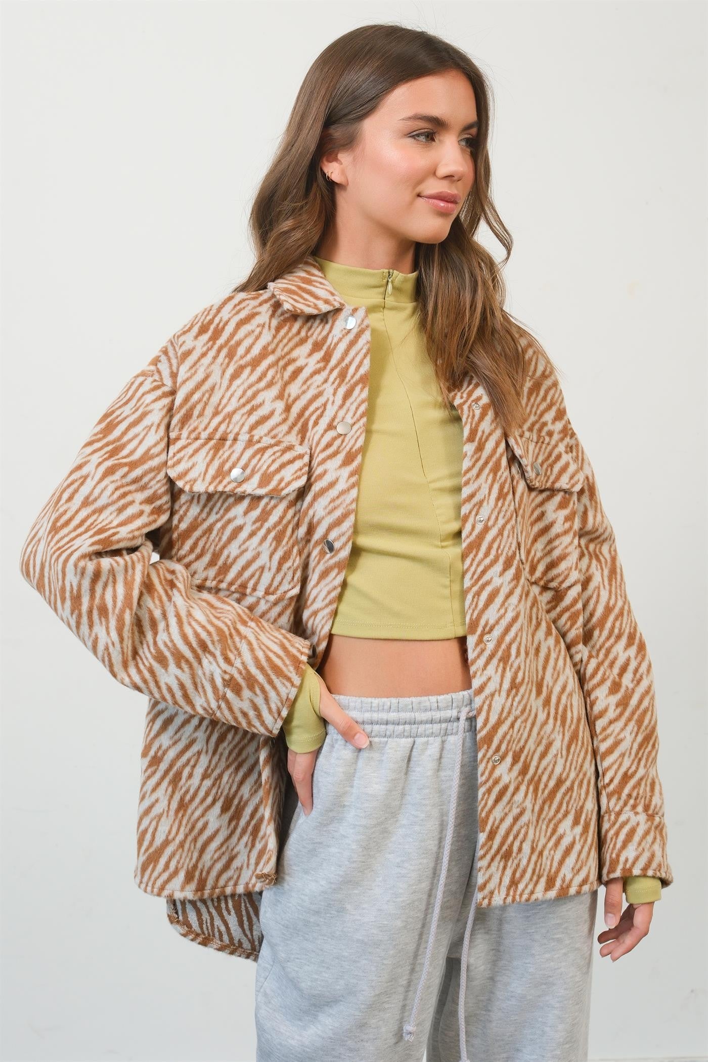 HYFVE Zebra Print Snap Down Long Sleeve Shacket 12833 | Gulf Resellers