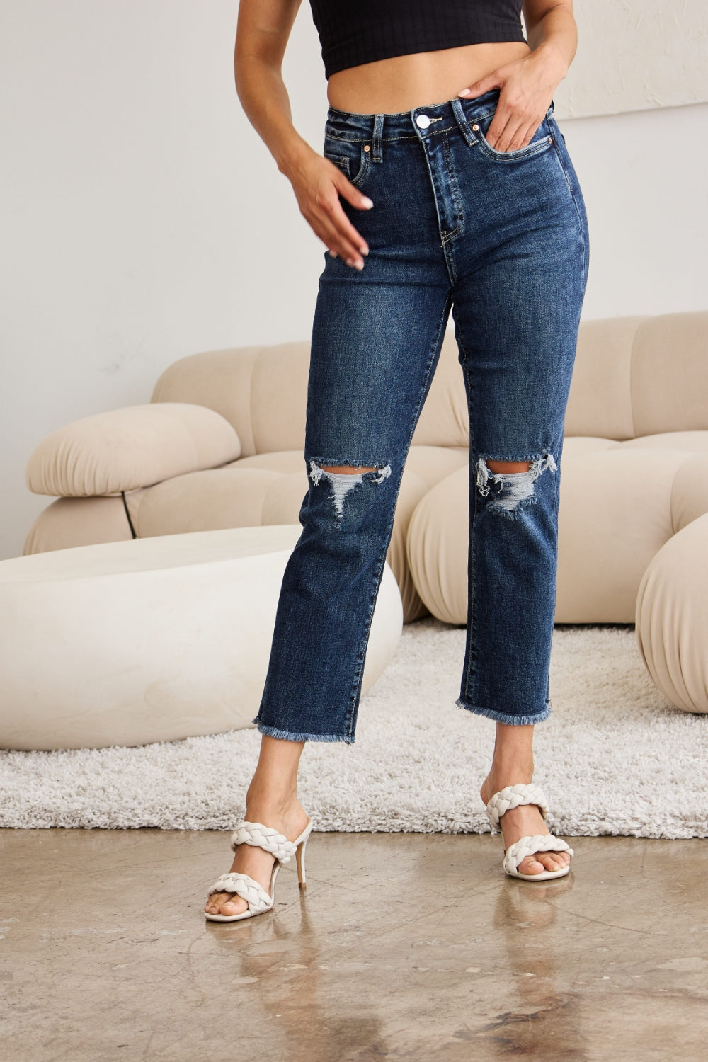 RFM Crop Dylan Full Size Tummy Control Distressed High Waist Raw Hem Jeans 4916 | Gulf Resellers