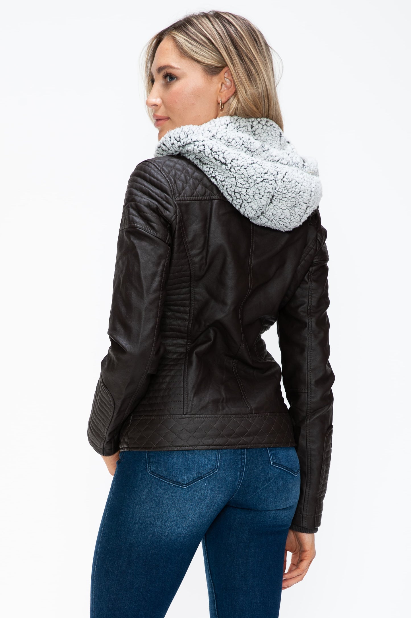 YMI Faux Layered Double-Zipper Jacket with Fuzzy Hood 15943 | Gulf Resellers