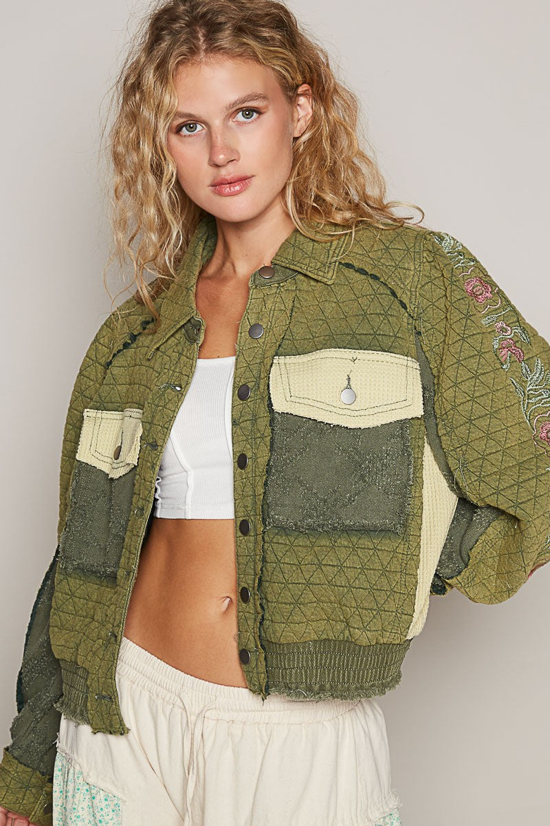 POL Embroidered Sleeve Raw Edge Quilted Jacket 15405 | Gulf Resellers