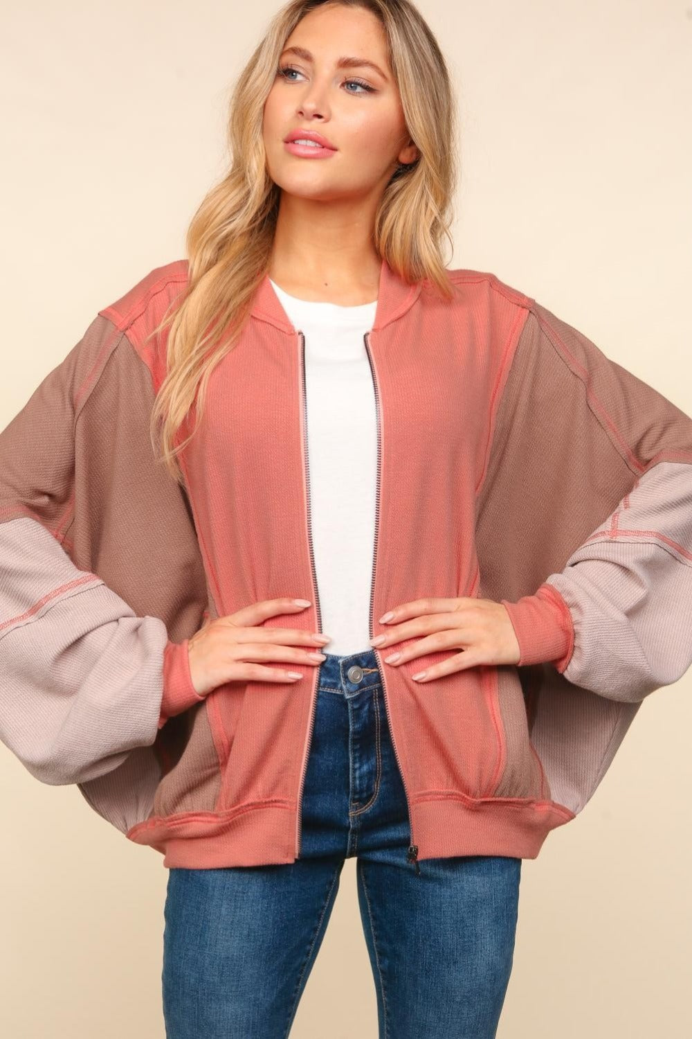 Haptics Zip Up Color Block Bomber Jacket with Side Pockets 13332 | Gulf Resellers