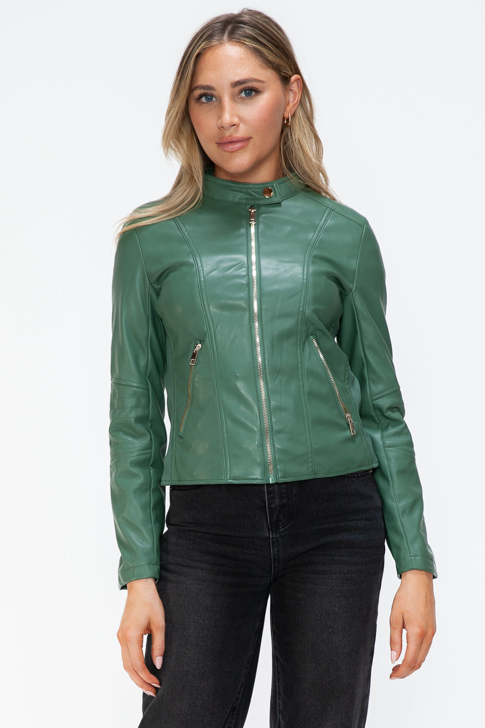 Snobbish Faux Leather Zip Up Drawstring Hooded Jacket 15853 | Gulf Resellers