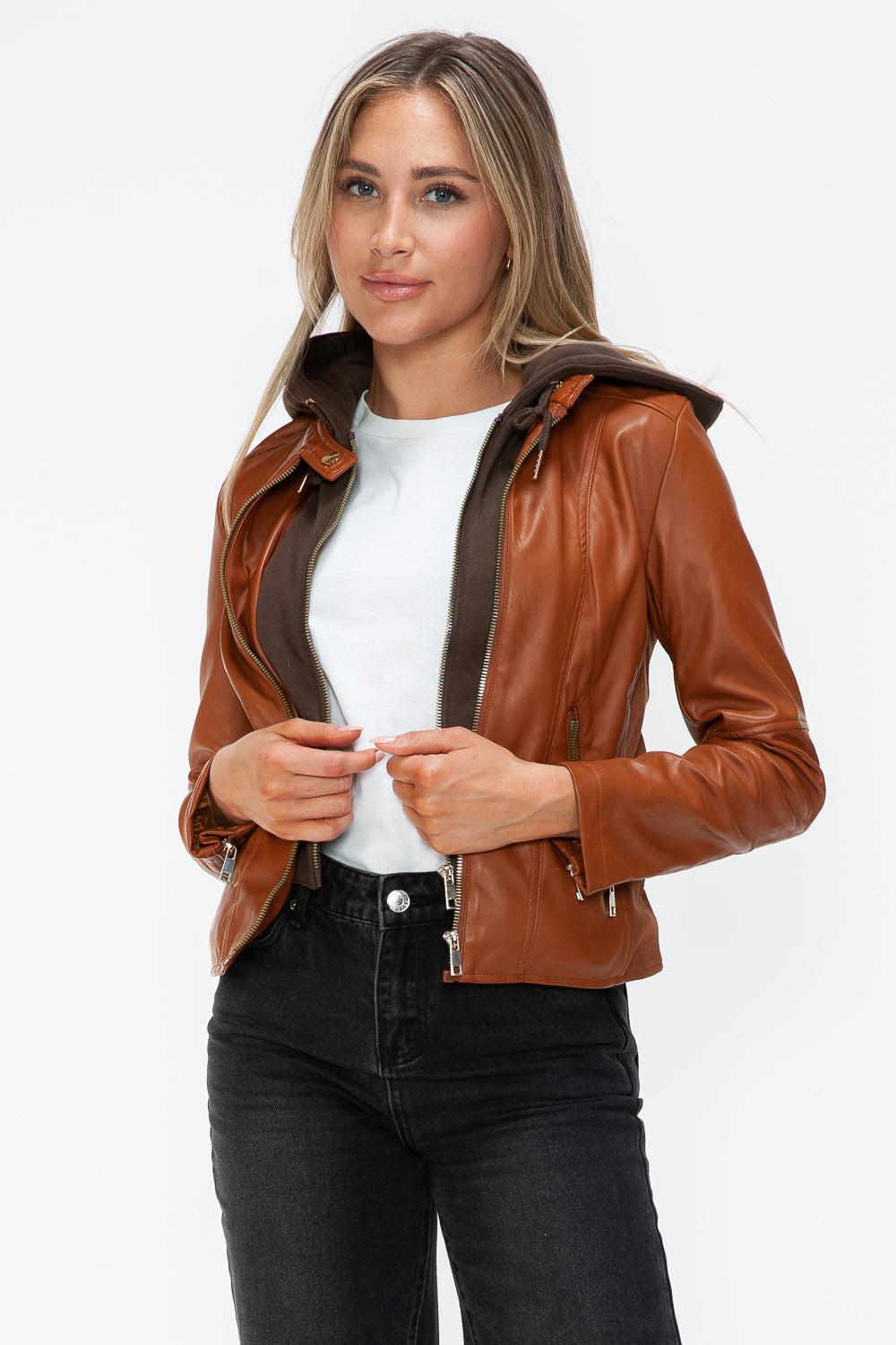 Snobbish Faux Leather Zip Up Drawstring Hooded Jacket 16012 | Gulf Resellers