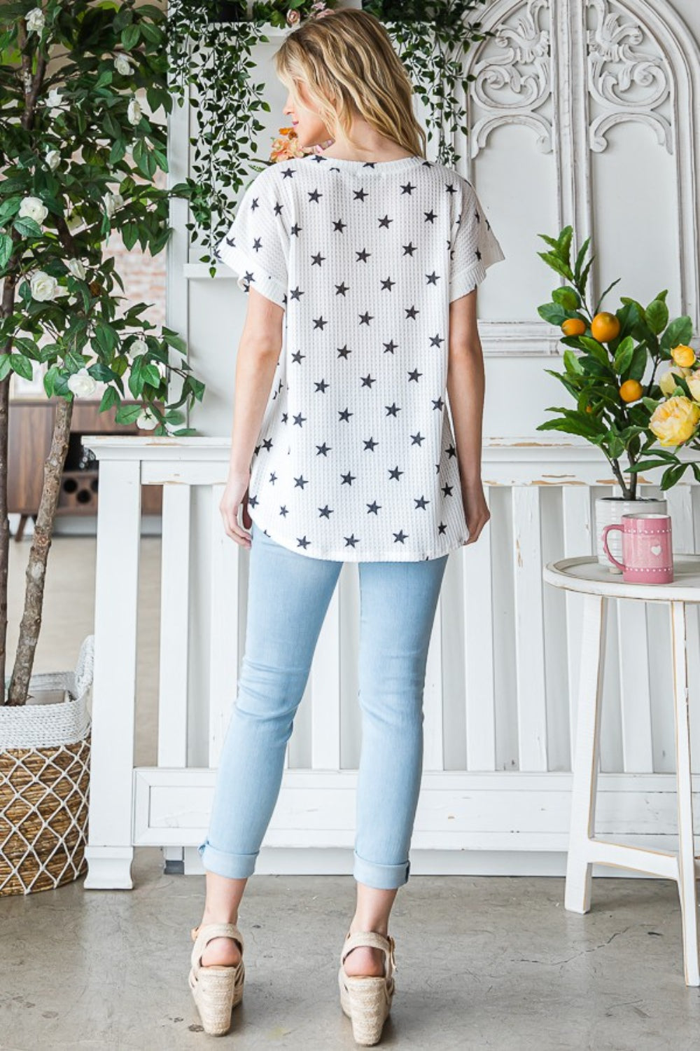 Heimish Full Size Star Print Short Sleeve V-Neck Waffle Knit T-Shirt | Gulf Resellers