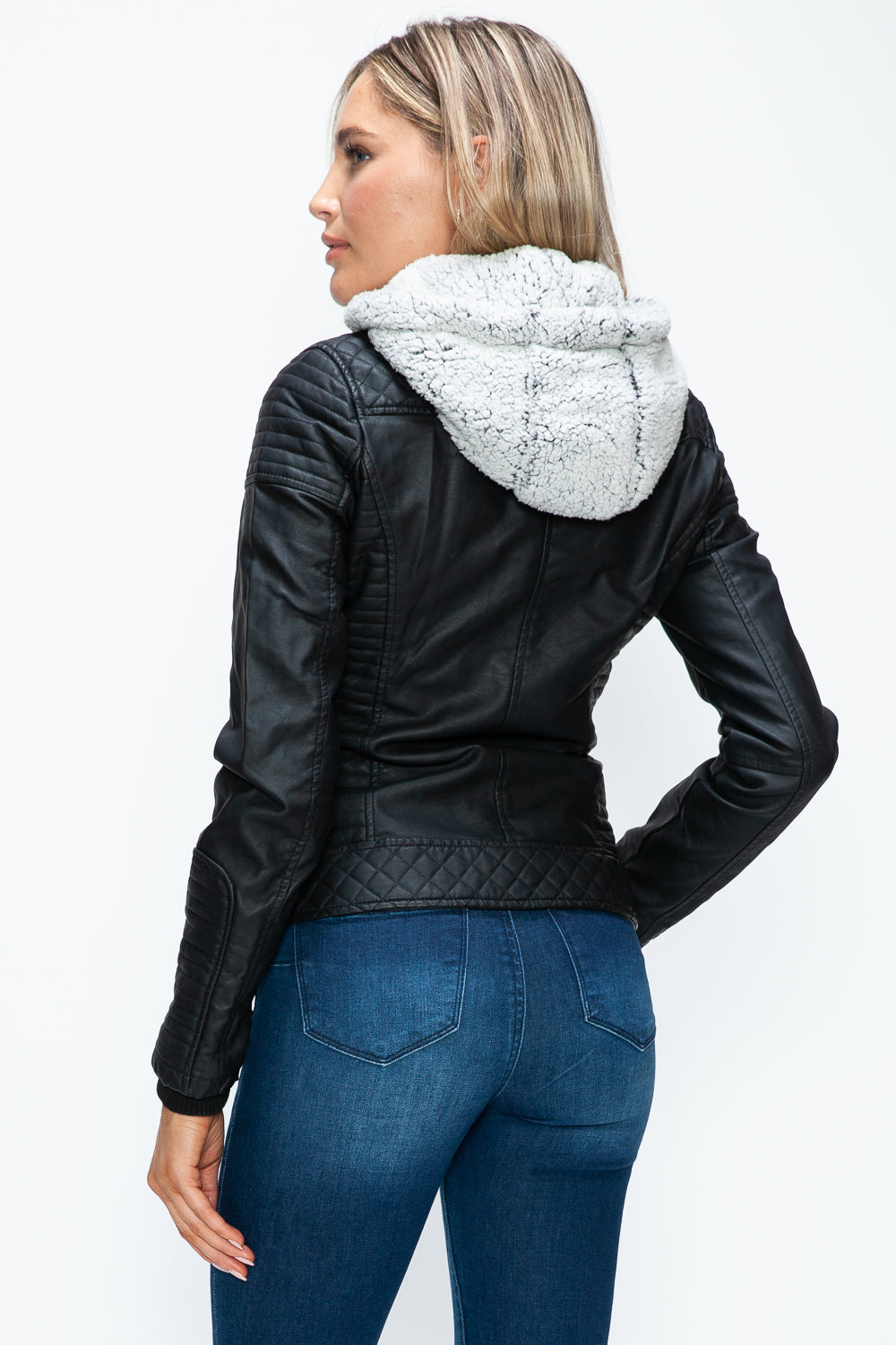 YMI Faux Layered Double-Zipper Jacket with Fuzzy Hood 15640 | Gulf Resellers