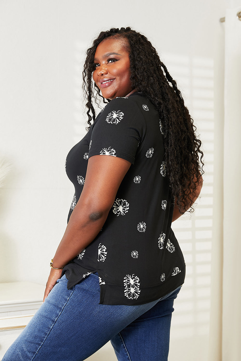Double Take Dandelion Print Round Neck T-Shirt | Gulf Resellers