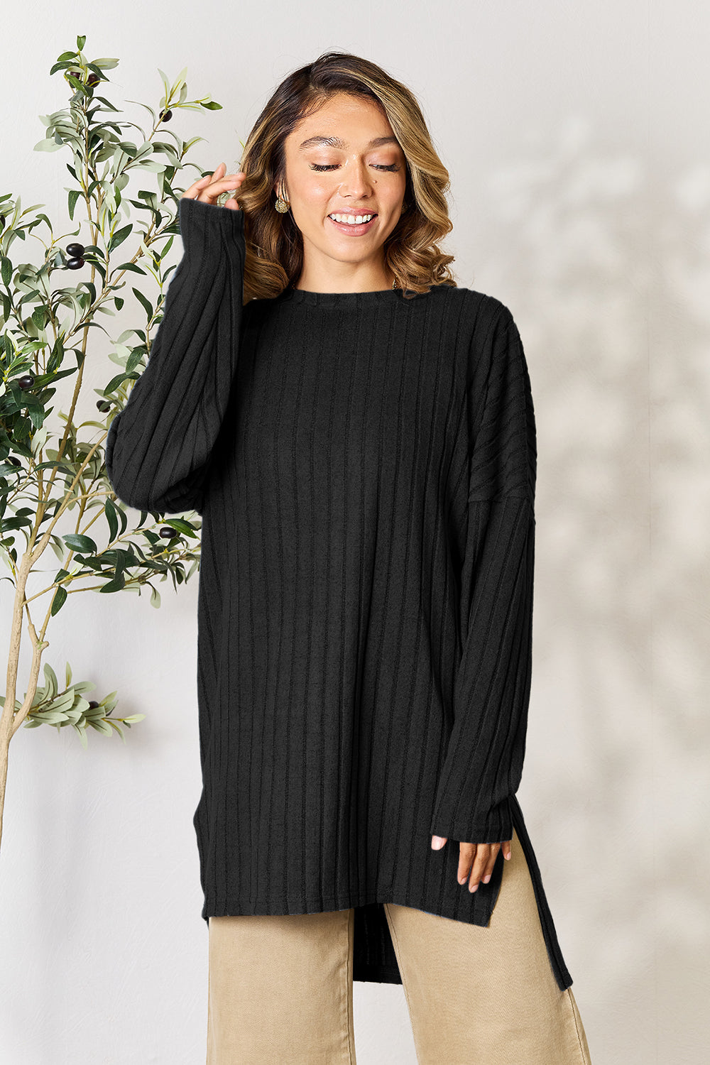 Basic Bae Full Size Ribbed Round Neck Long Sleeve Slit Top | Gulf Resellers