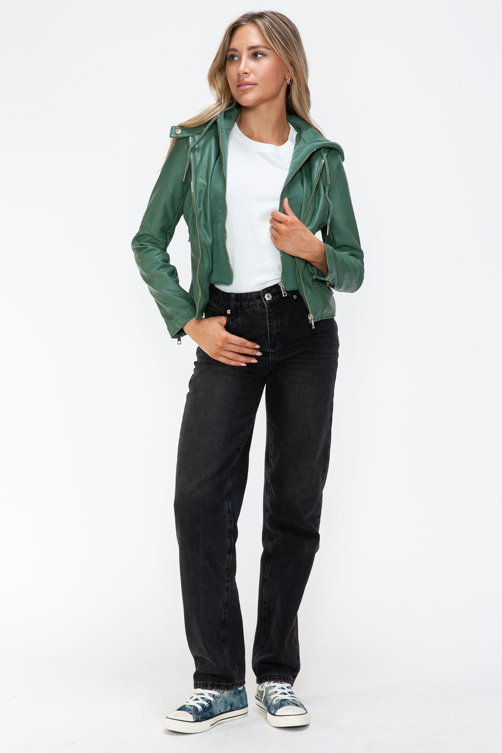 Snobbish Faux Leather Zip Up Drawstring Hooded Jacket 15849 | Gulf Resellers