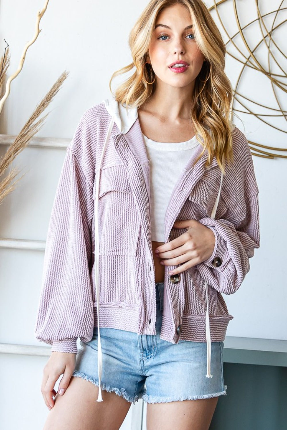 Reborn J Contrast Hooded Button Down Ribbed Jacket 13347 | Gulf Resellers