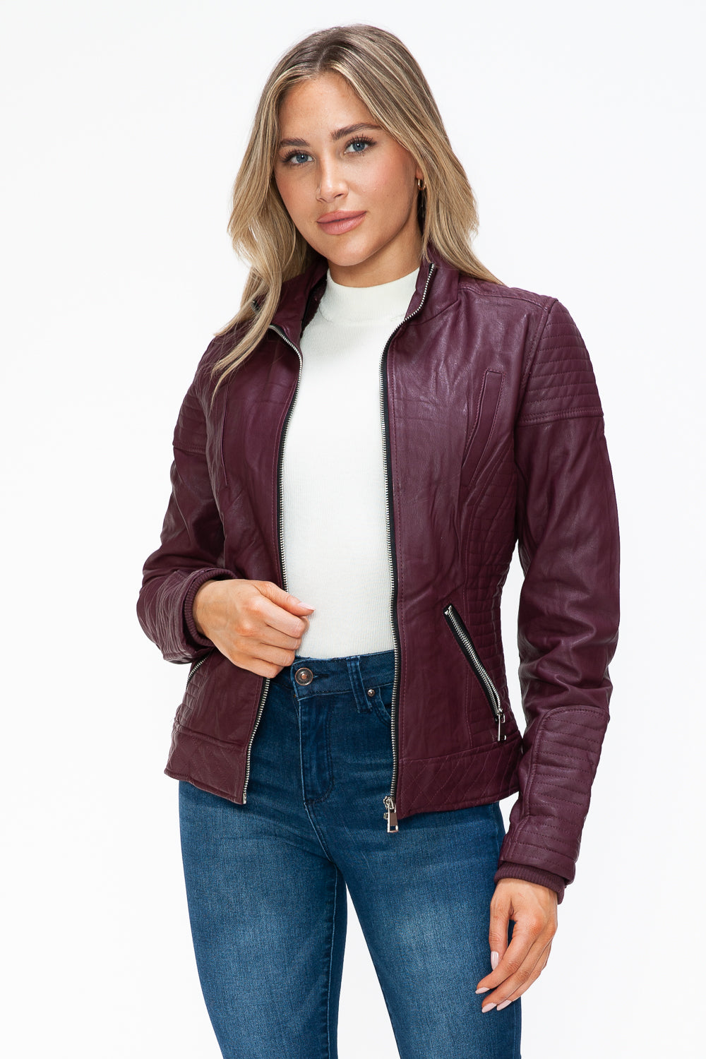 YMI Faux Layered Double-Zipper Jacket with Fuzzy Hood 15733 | Gulf Resellers