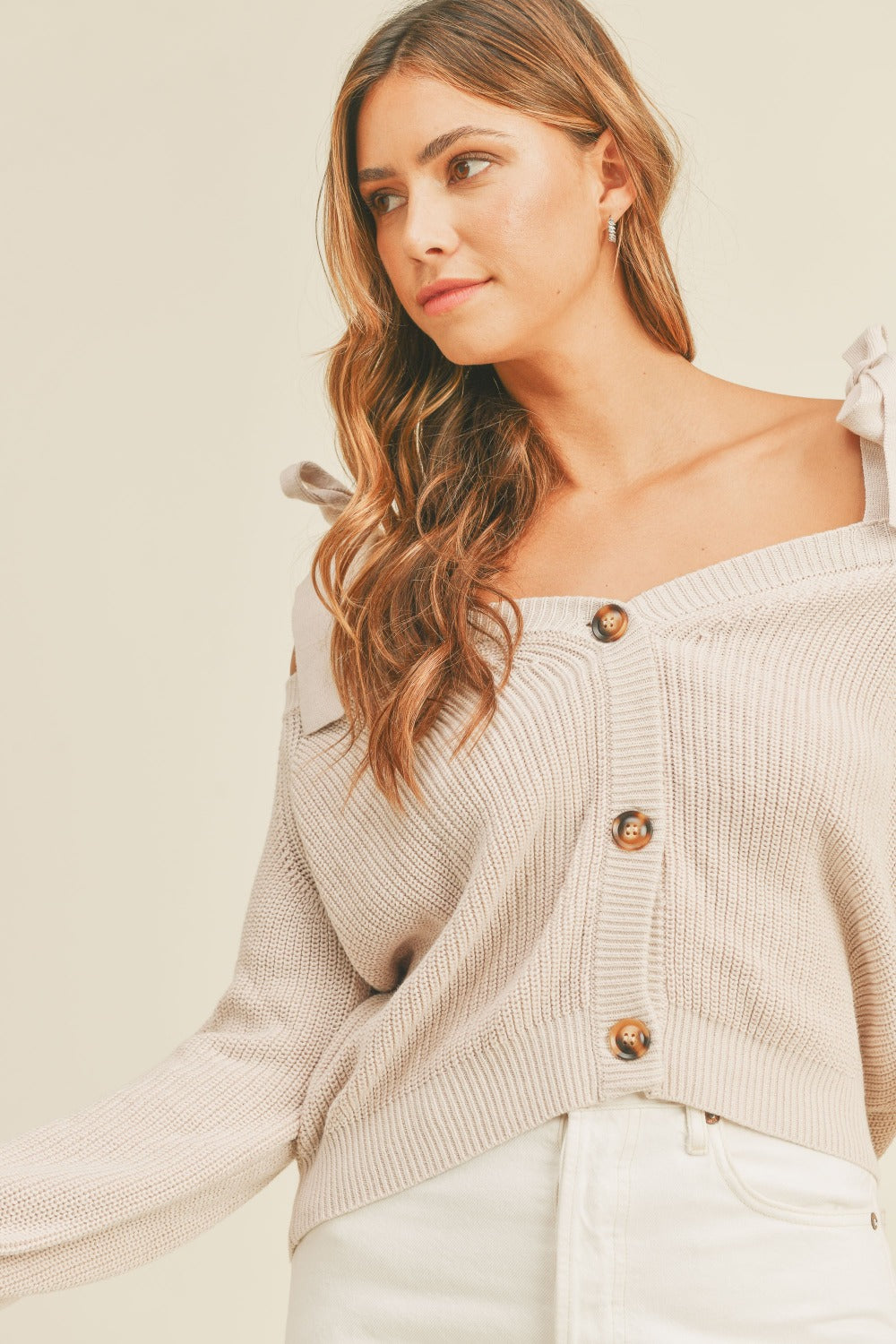 MABLE Off Shoulder Self Tie Strap Button Down Sweater 9162 | Gulf Resellers