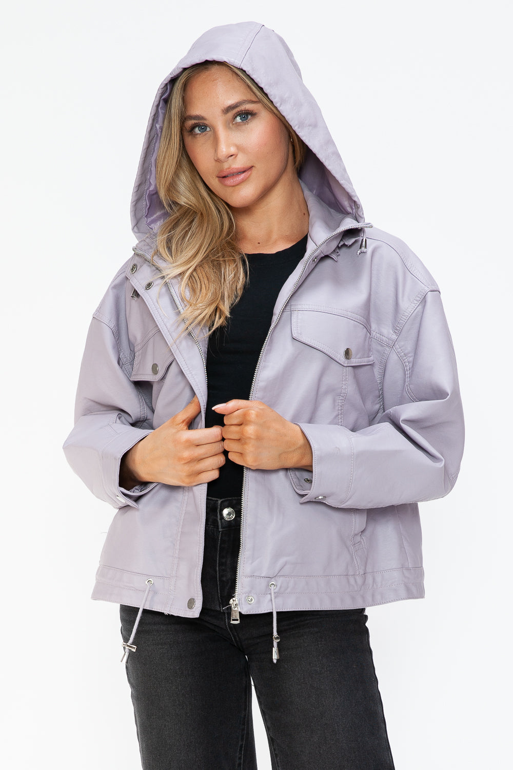 How Dare U Drawstring Hem PU Leather Zip Up Jacket 15452 | Gulf Resellers
