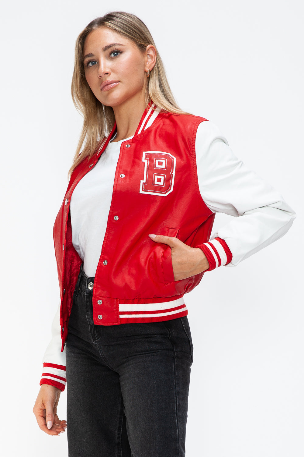 Love Me Now PU Leather Contrast Snap Down Bomber Jacket 15749 | Gulf Resellers