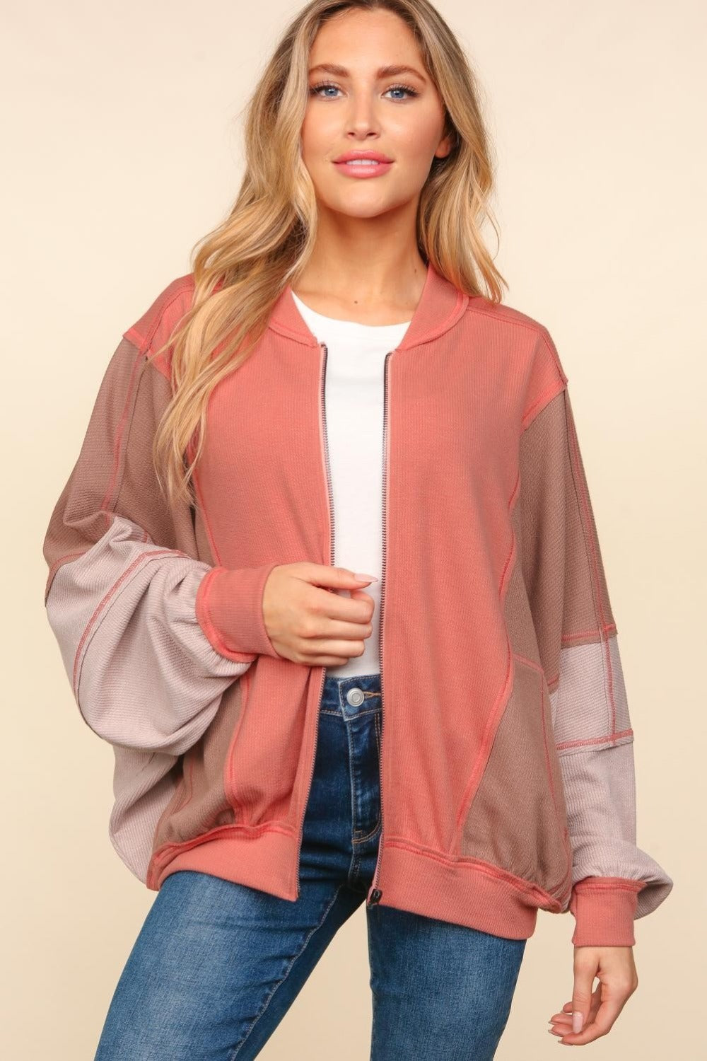 Haptics Zip Up Color Block Bomber Jacket with Side Pockets 13333 | Gulf Resellers