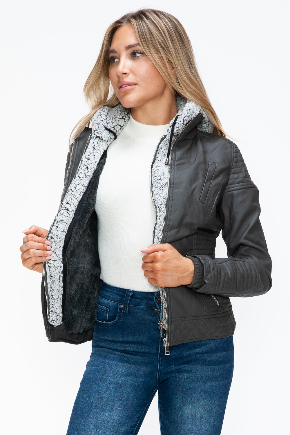 YMI Faux Layered Double-Zipper Jacket with Fuzzy Hood 15380 | Gulf Resellers