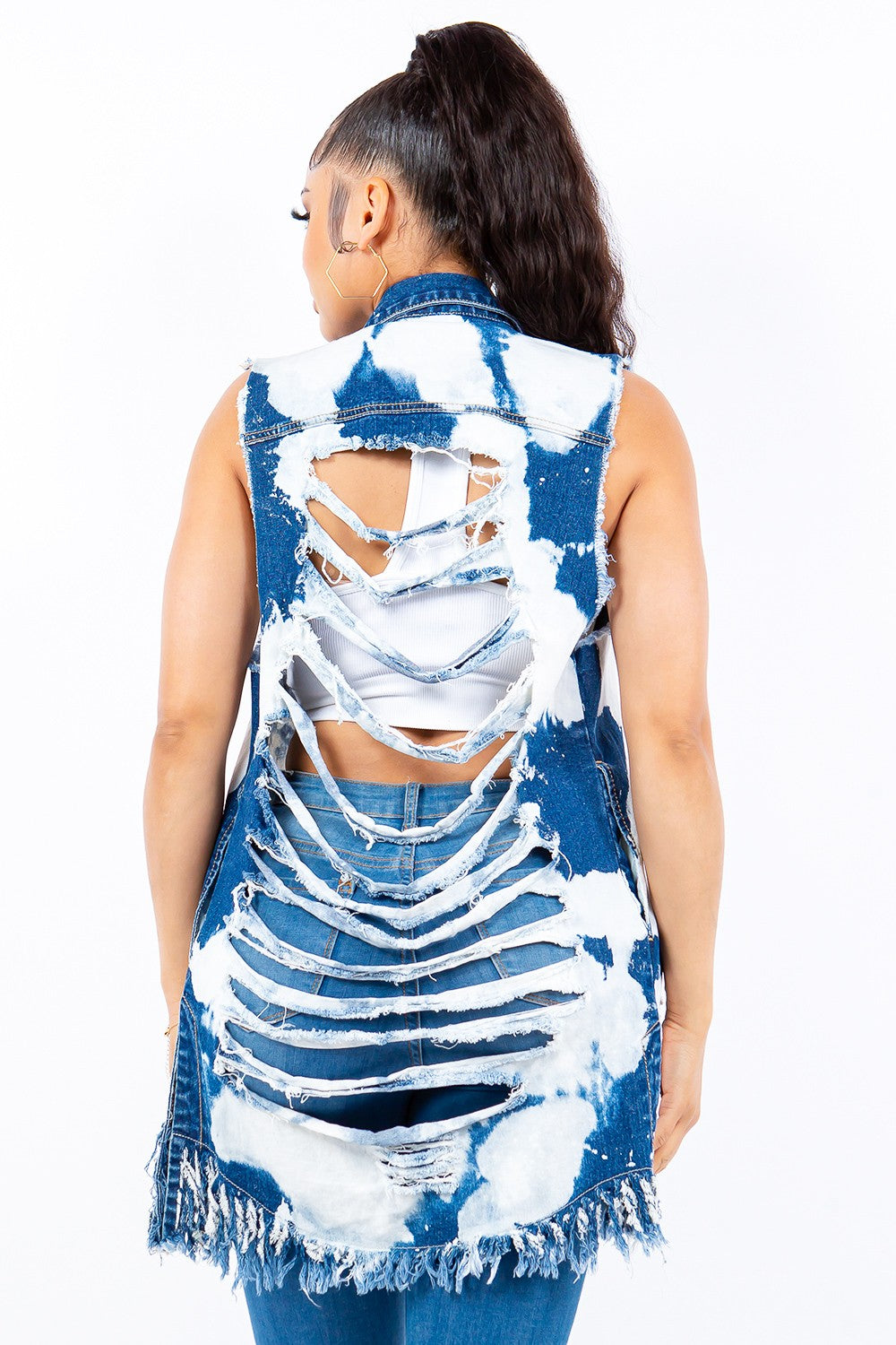 American Bazi Distressed Frayed Edge Longline Denim Vest 14274 | Gulf Resellers