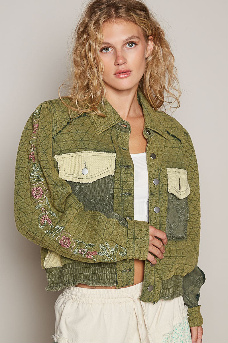 POL Embroidered Sleeve Raw Edge Quilted Jacket 15403 | Gulf Resellers